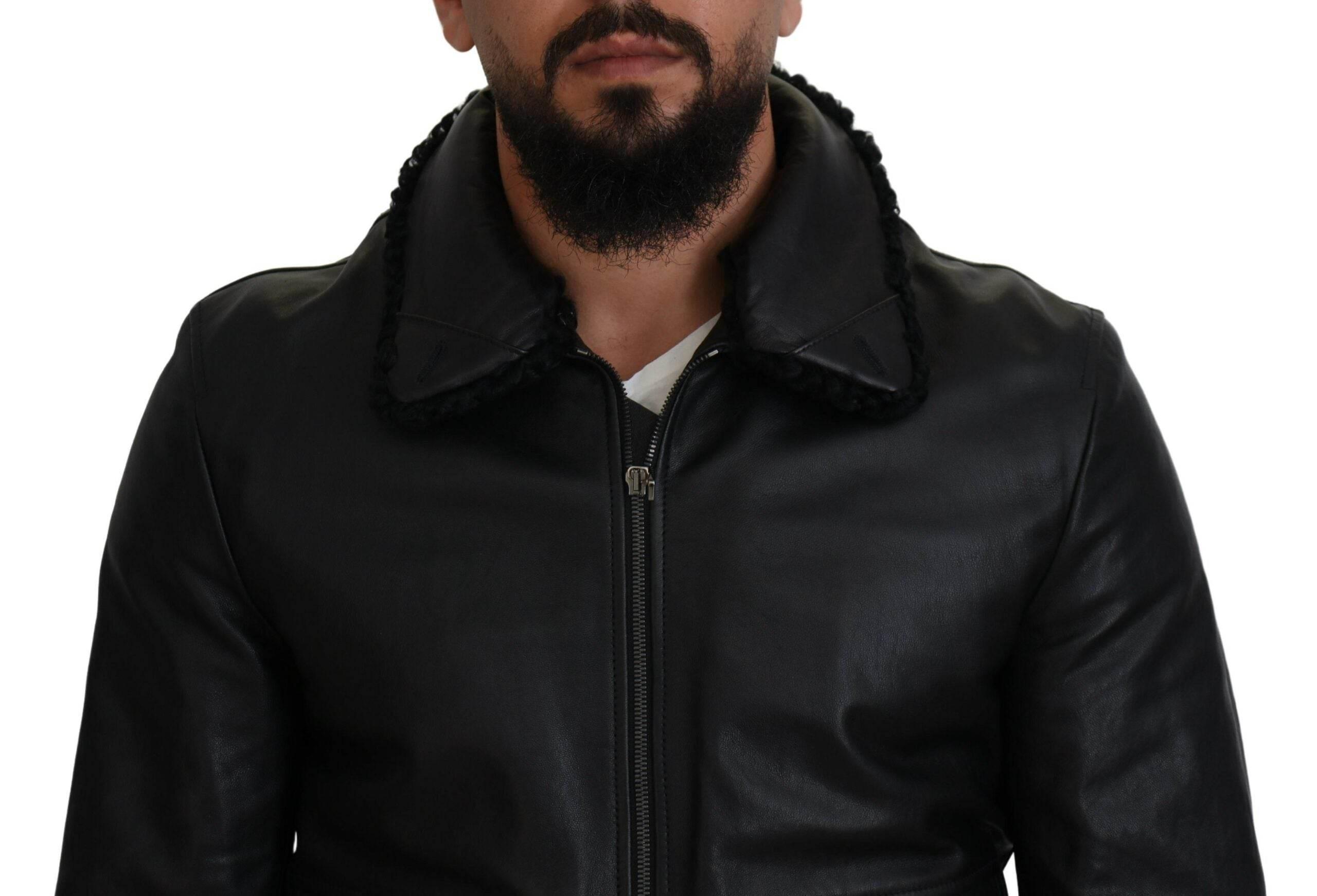 Dolce & Gabbana Black Lamb Leather Collared Men Coat Jacket - Hilstor