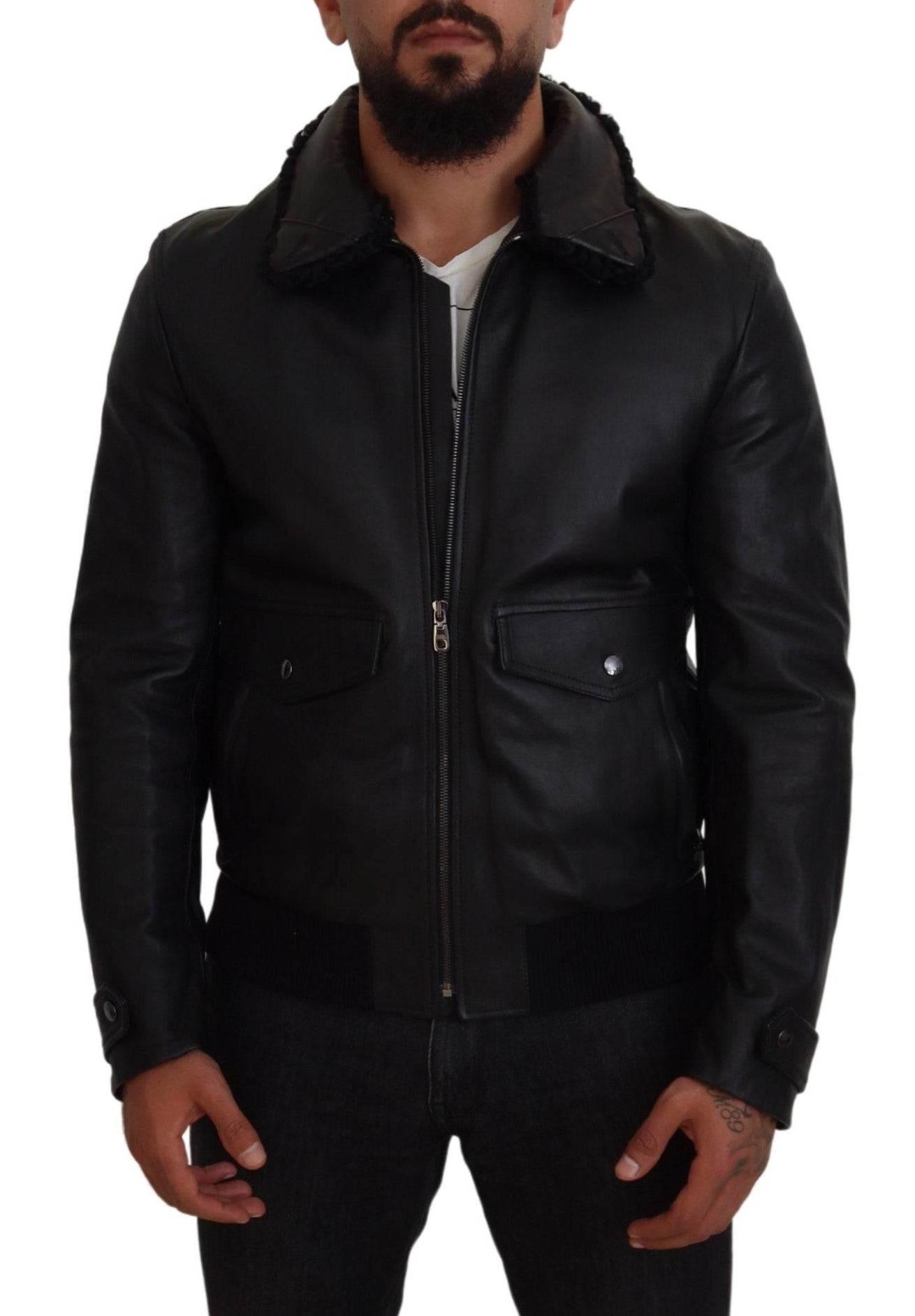 Dolce & Gabbana Black Lamb Leather Collared Men Coat Jacket - Hilstor