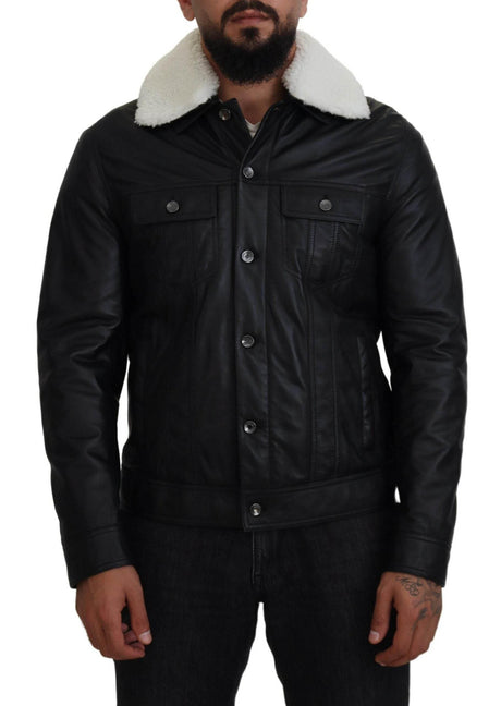 Dolce & Gabbana Black Lamb Leather Collared Men Coat Jacket - Hilstor
