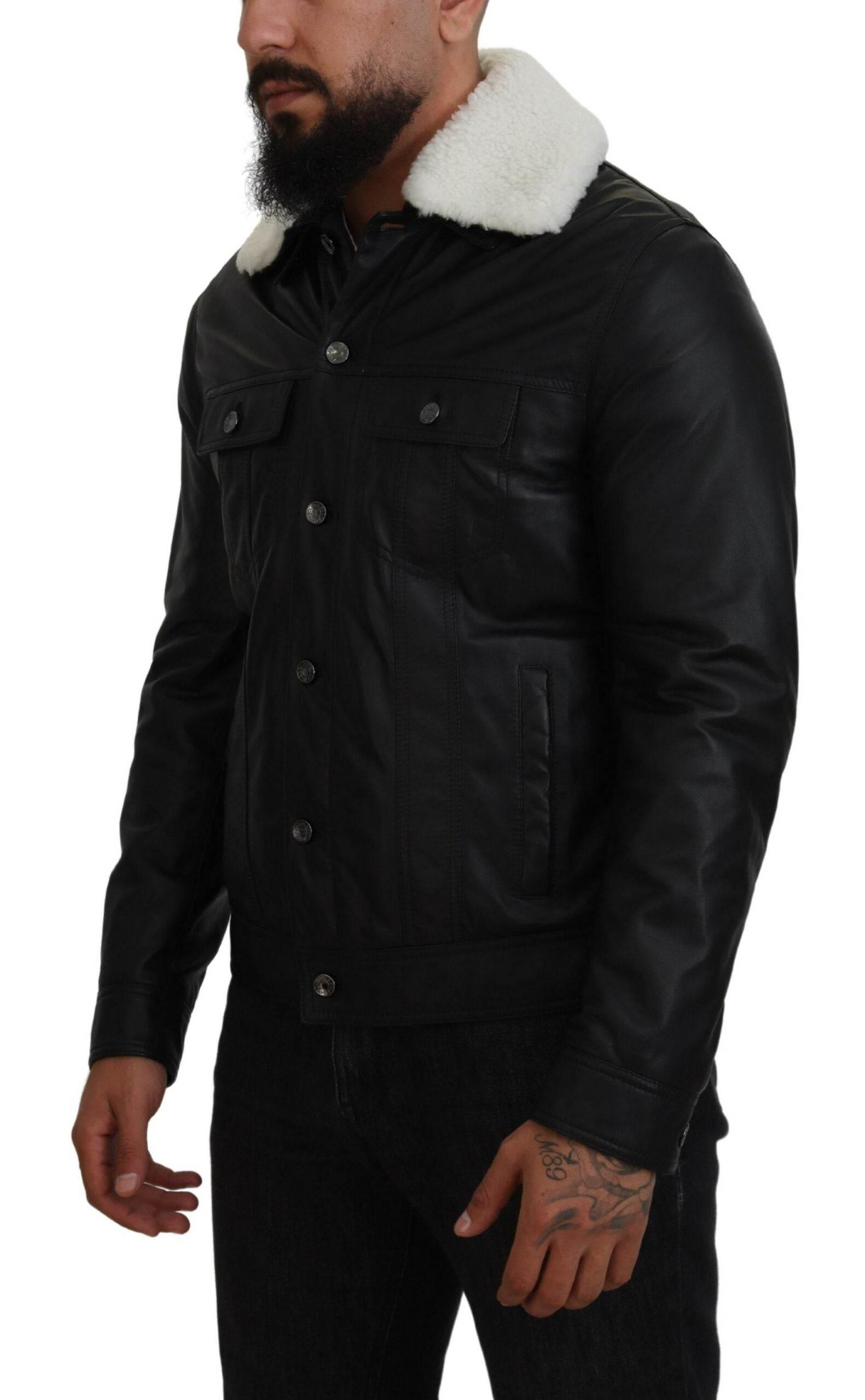 Dolce & Gabbana Black Lamb Leather Collared Men Coat Jacket - Hilstor