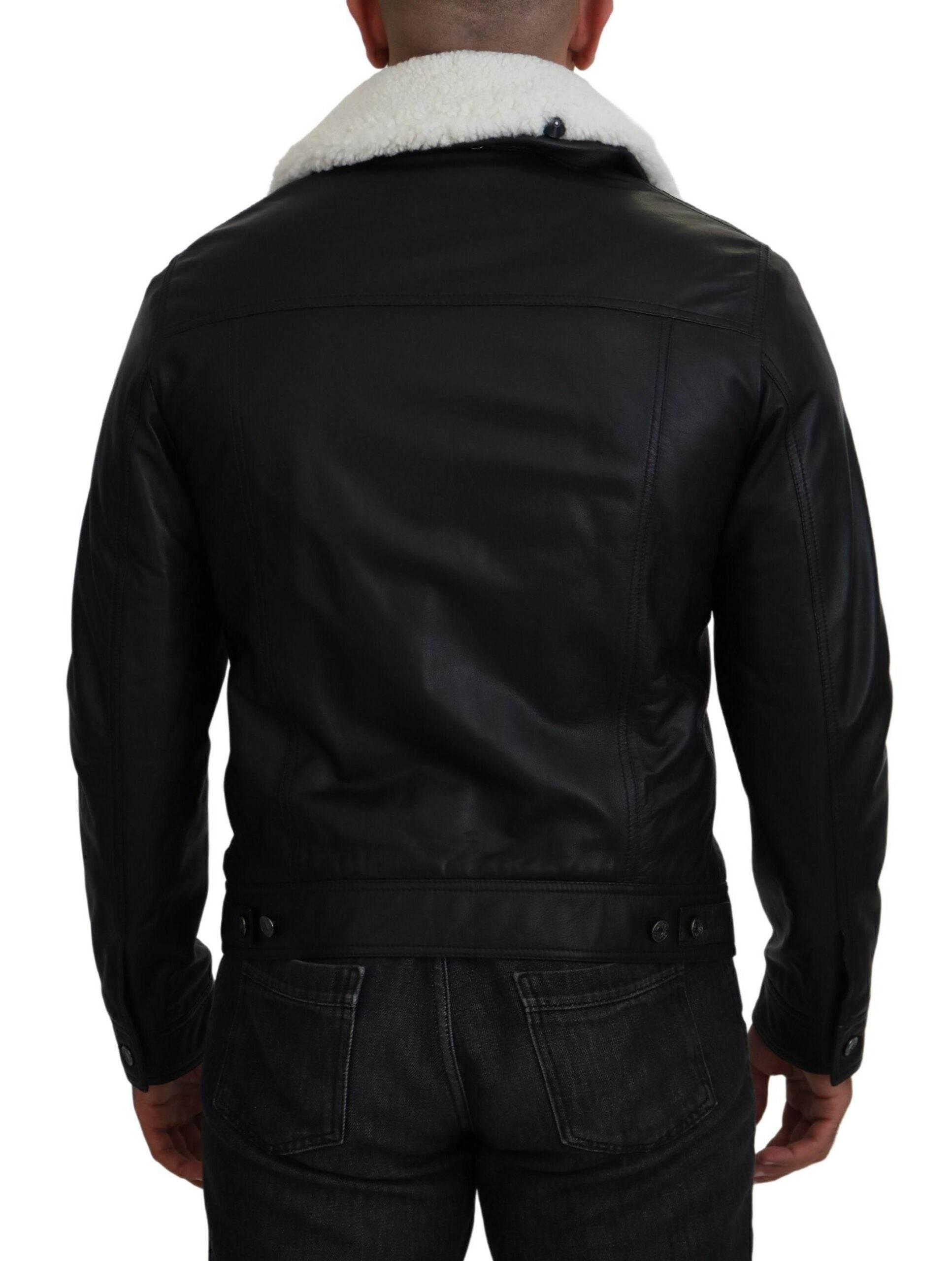 Dolce & Gabbana Black Lamb Leather Collared Men Coat Jacket - Hilstor