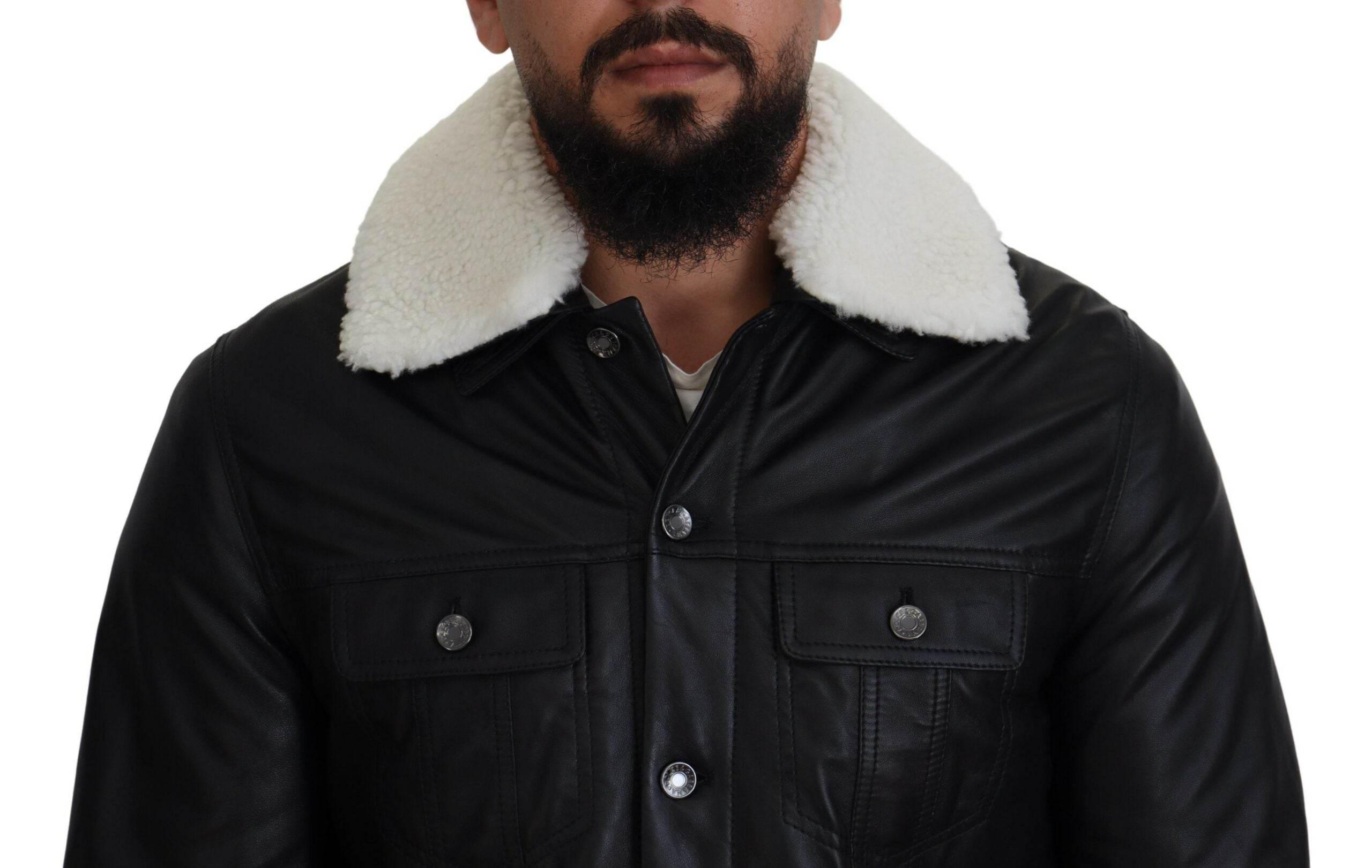 Dolce & Gabbana Black Lamb Leather Collared Men Coat Jacket - Hilstor