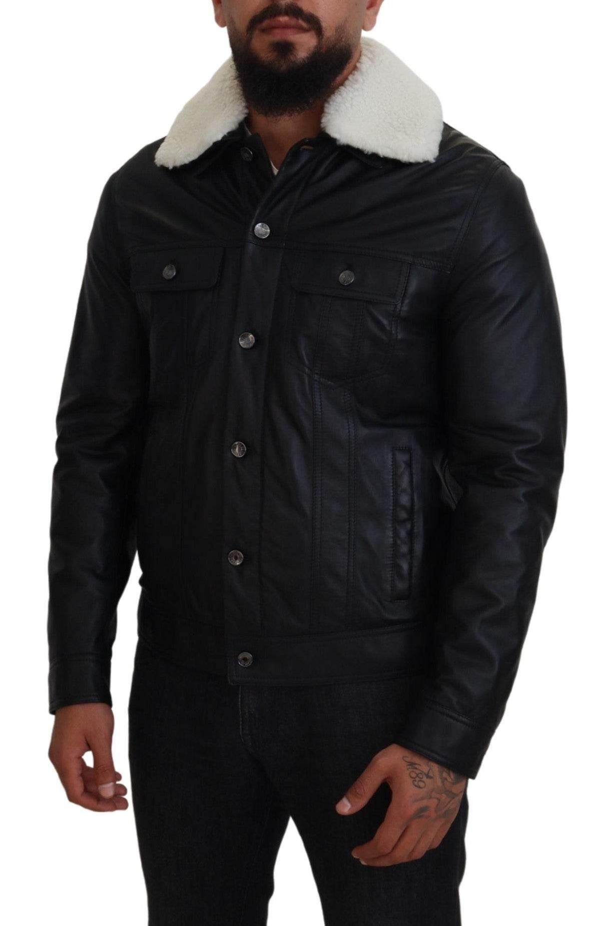 Dolce & Gabbana Black Lamb Leather Collared Men Coat Jacket - Hilstor