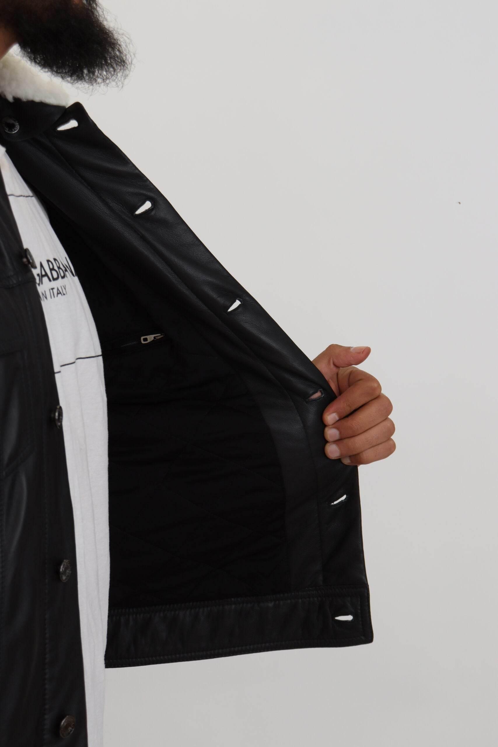 Dolce & Gabbana Black Lamb Leather Collared Men Coat Jacket - Hilstor