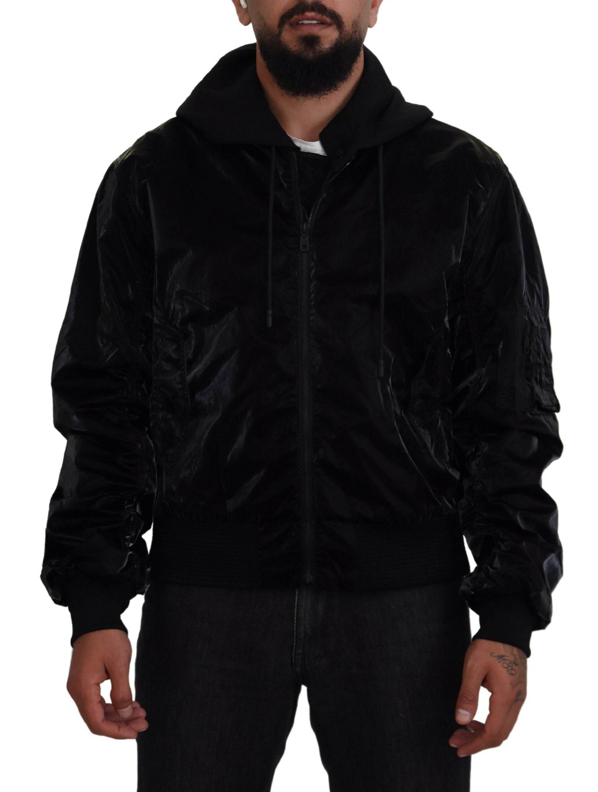Dolce & Gabbana Black Nylon Hooded Full Zip Bomber Jacket - Hilstor
