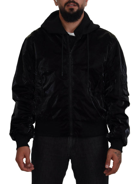 Dolce & Gabbana Black Nylon Hooded Full Zip Bomber Jacket - Hilstor