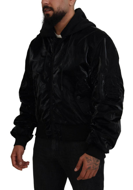 Dolce & Gabbana Black Nylon Hooded Full Zip Bomber Jacket - Hilstor