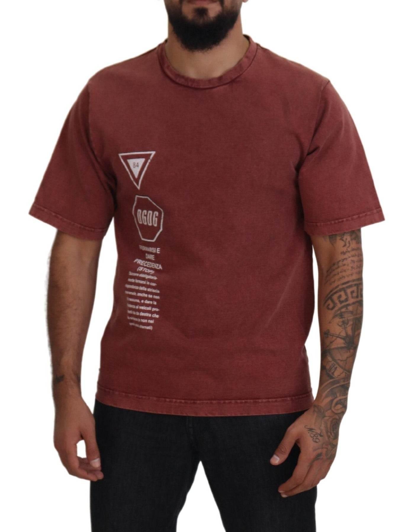 Dolce & Gabbana Maroon Print Round Neck Short Sleeves T-shirt - Hilstor