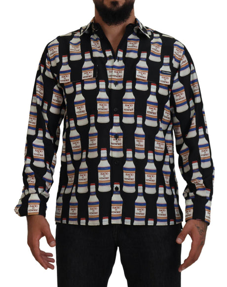 Dolce & Gabbana Black Silk Printed Collared Men Casual Shirt - Hilstor