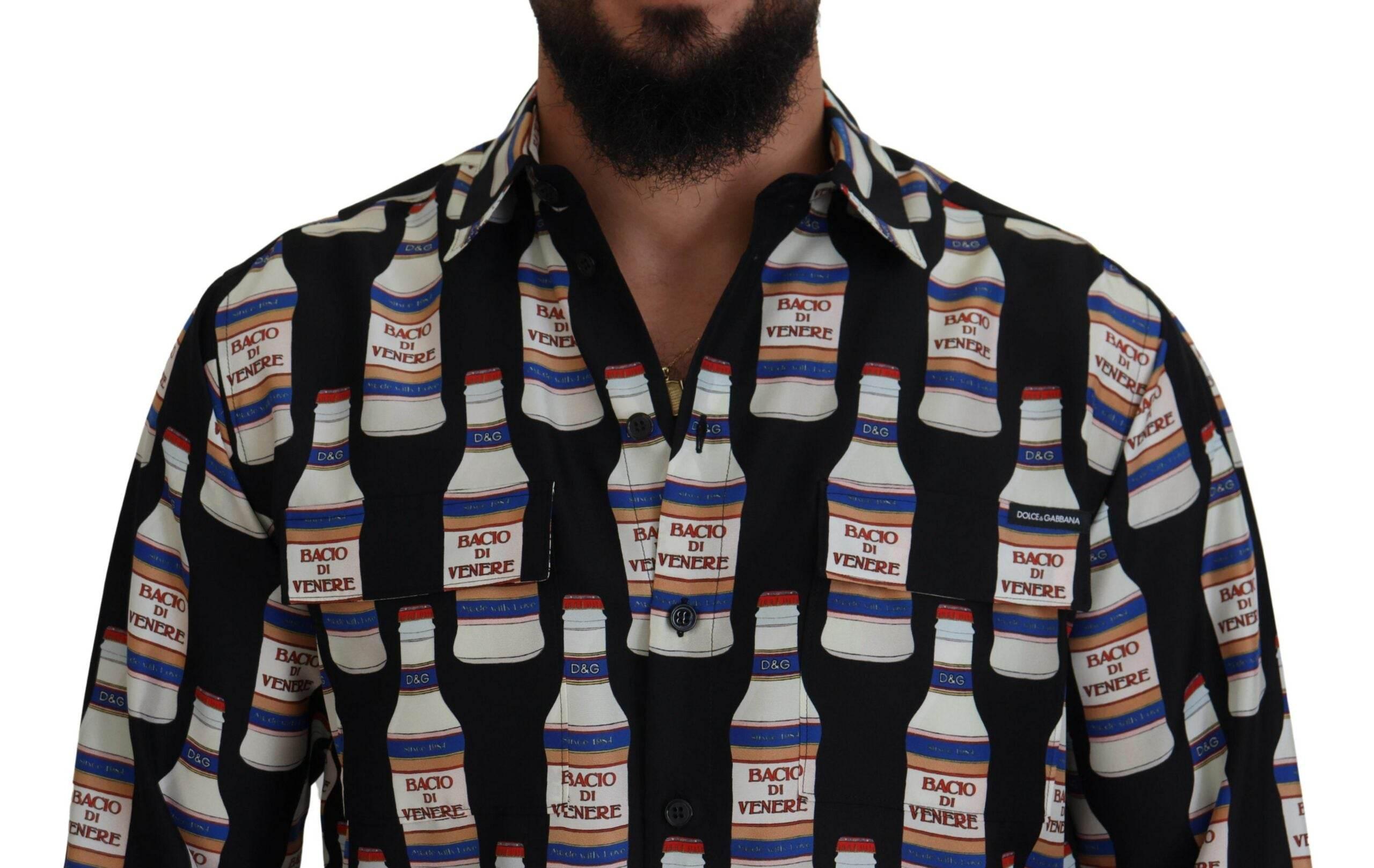 Dolce & Gabbana Black Silk Printed Collared Men Casual Shirt - Hilstor