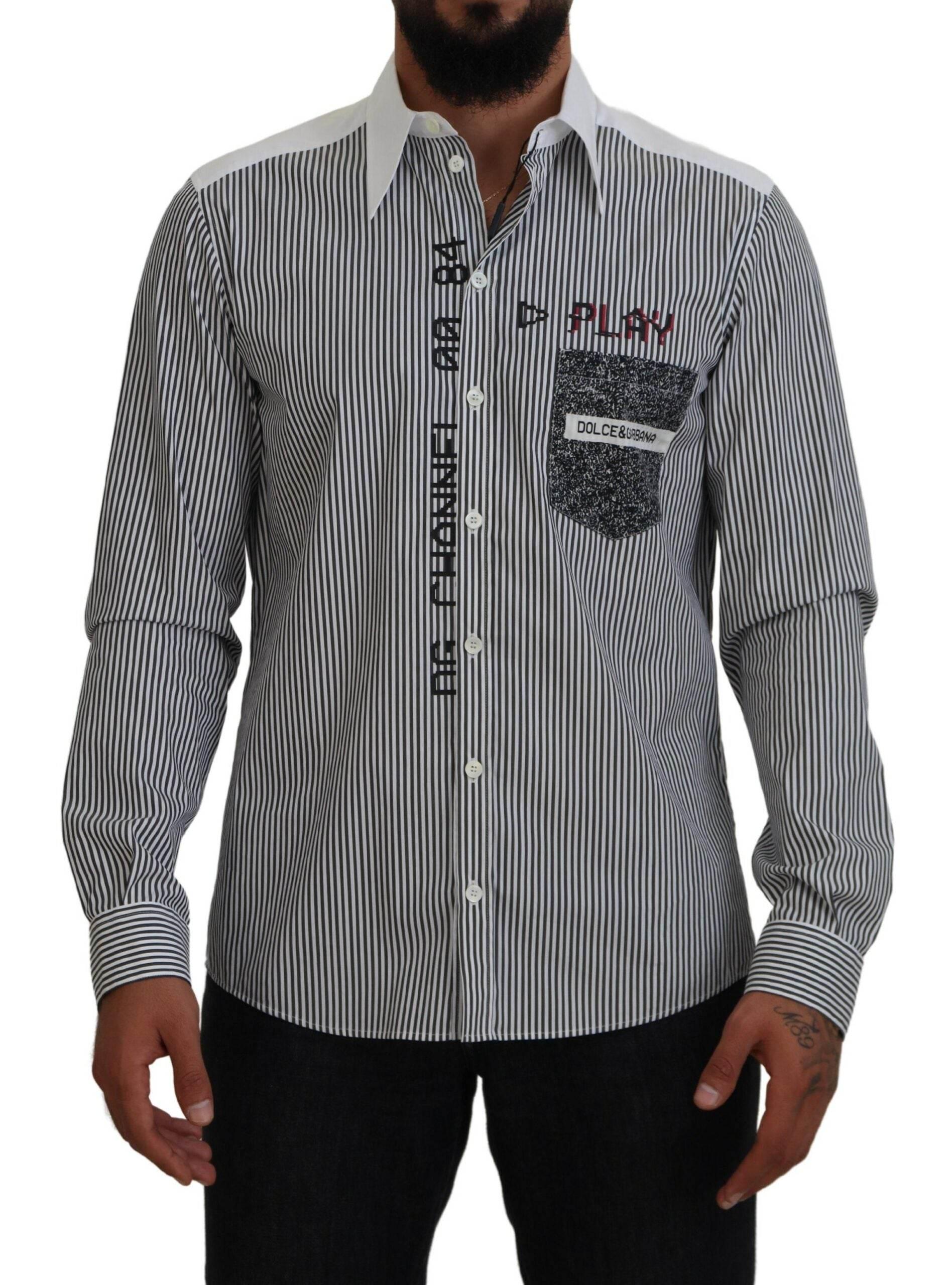 Dolce & Gabbana Black White Striped Printed Casual Cotton Shirt - Hilstor