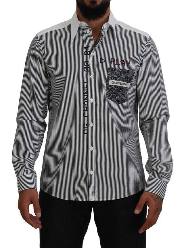Dolce & Gabbana Black White Striped Printed Casual Cotton Shirt - Hilstor
