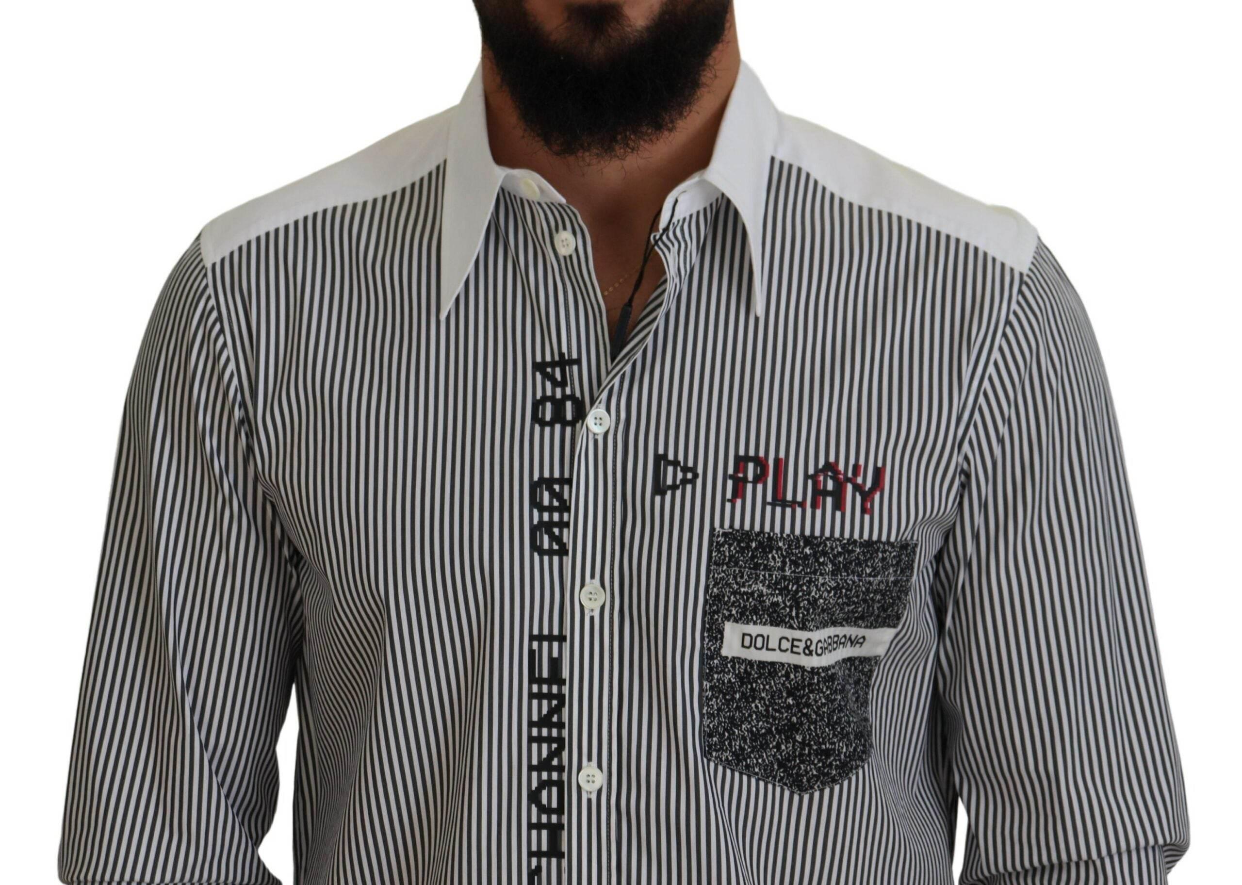 Dolce & Gabbana Black White Striped Printed Casual Cotton Shirt - Hilstor