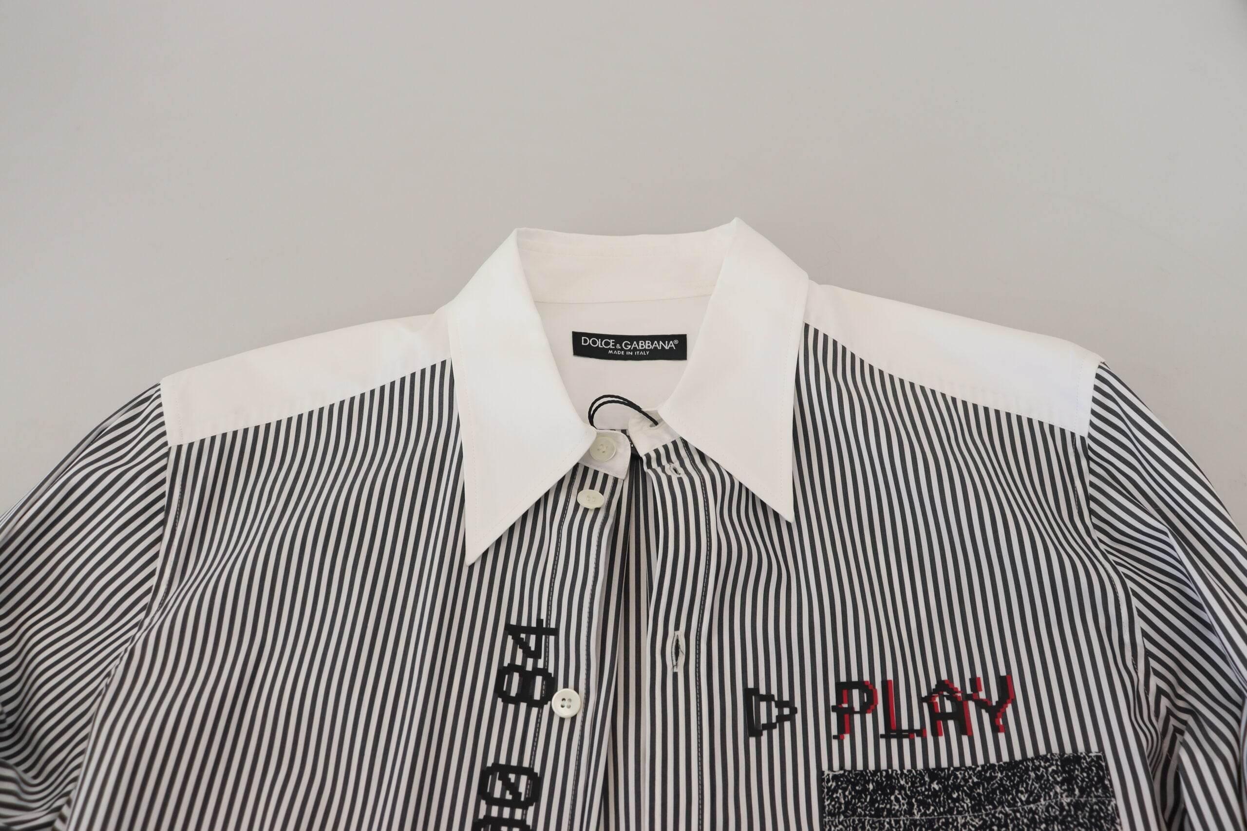 Dolce & Gabbana Black White Striped Printed Casual Cotton Shirt - Hilstor