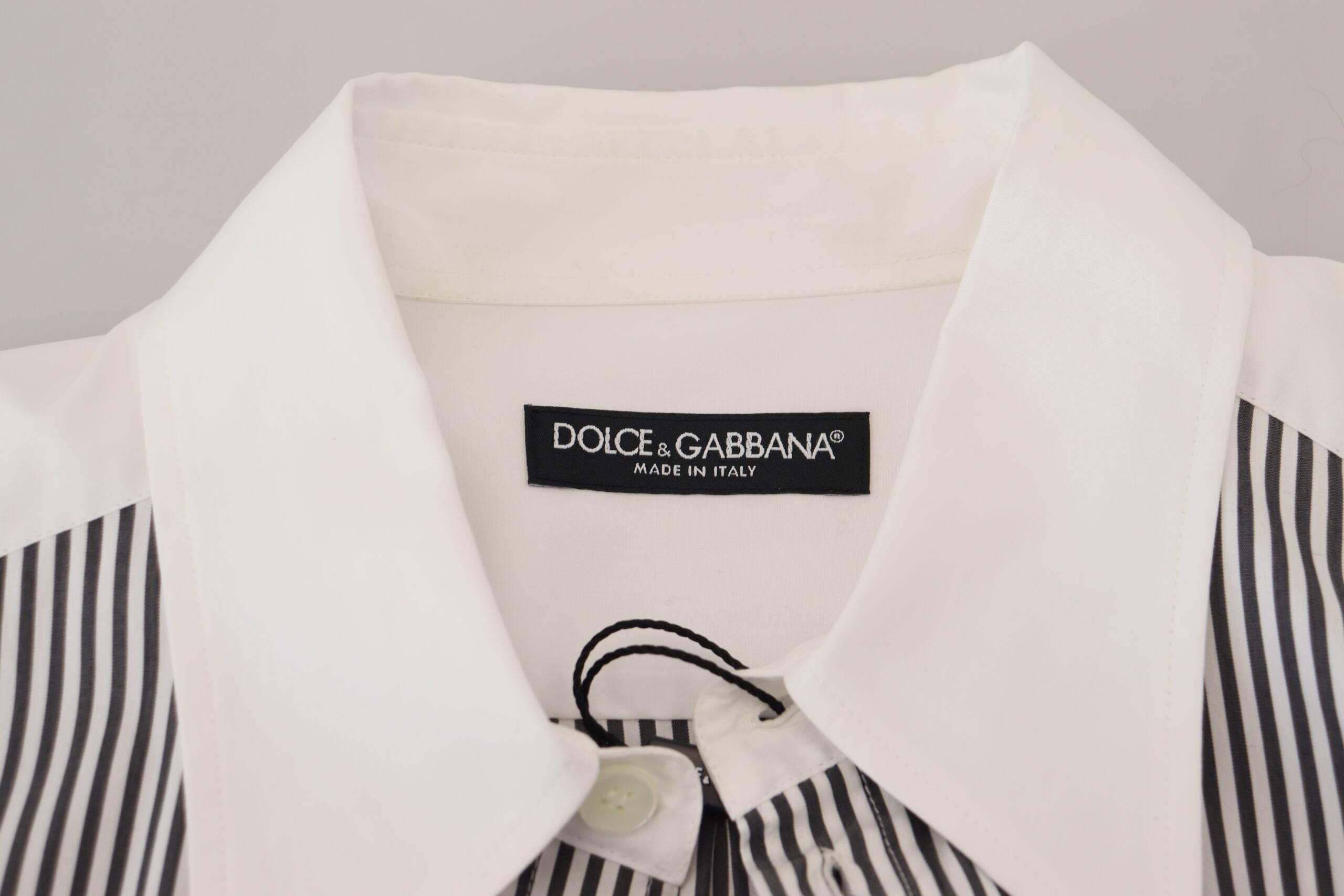 Dolce & Gabbana Black White Striped Printed Casual Cotton Shirt - Hilstor