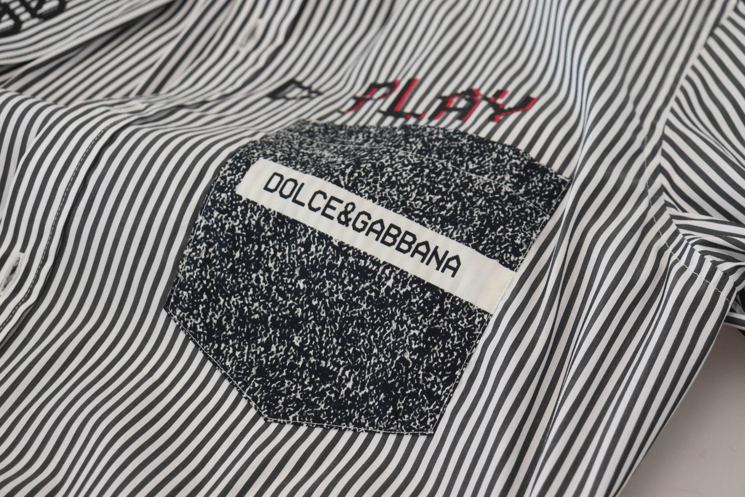 Dolce & Gabbana Black White Striped Printed Casual Cotton Shirt - Hilstor
