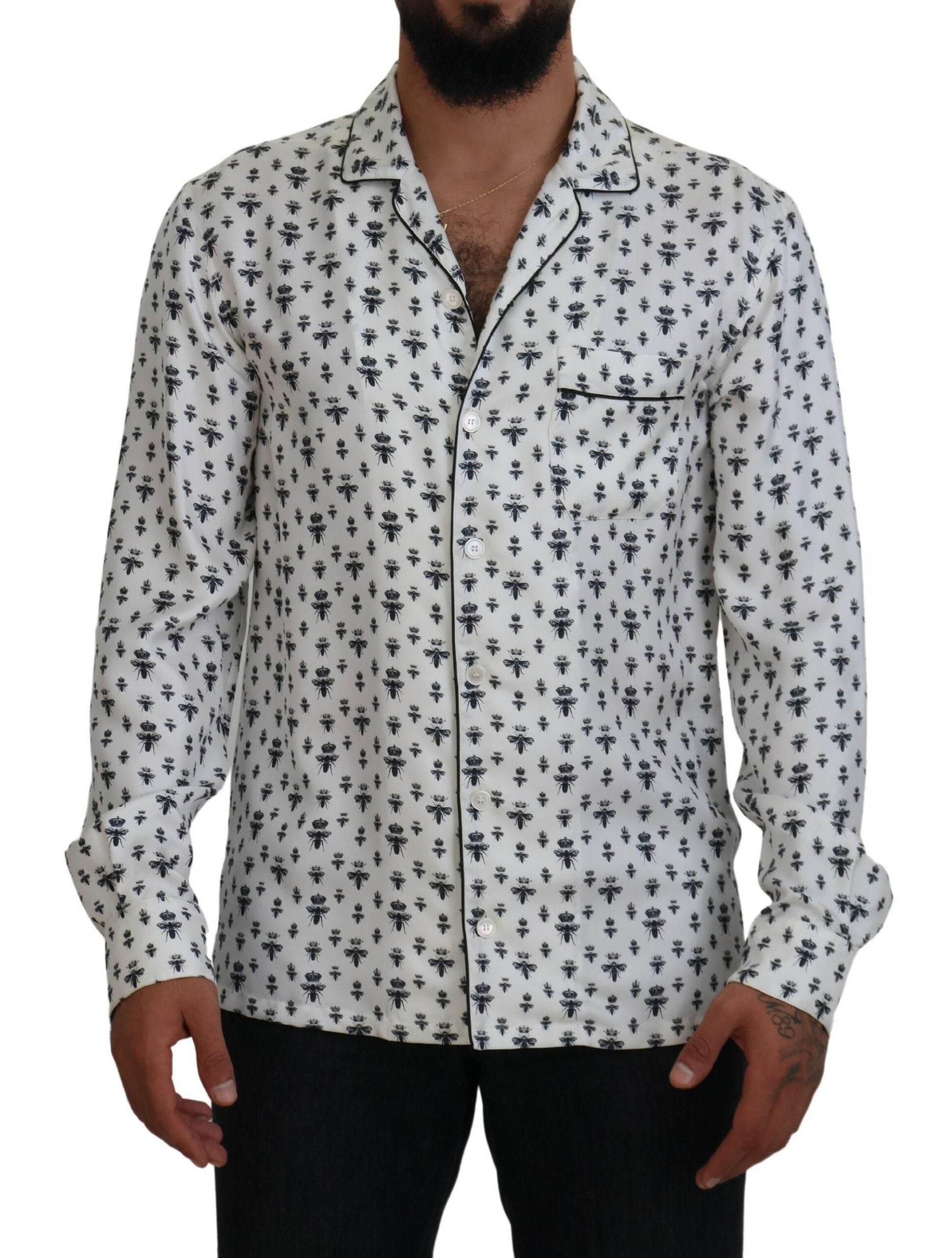 Dolce & Gabbana Elegant Silk Pajama Top with Crown Bee Print - Hilstor