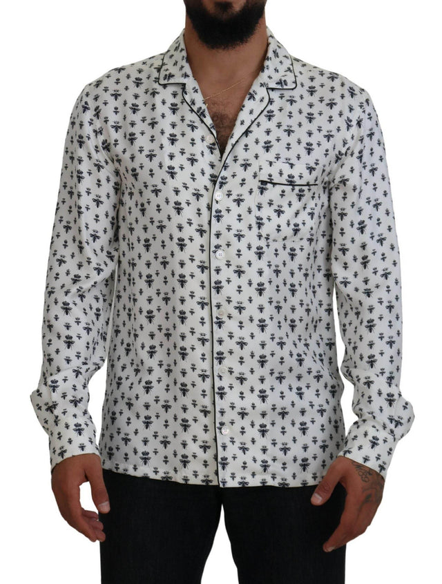 Dolce & Gabbana Elegant Silk Pajama Top with Crown Bee Print - Hilstor