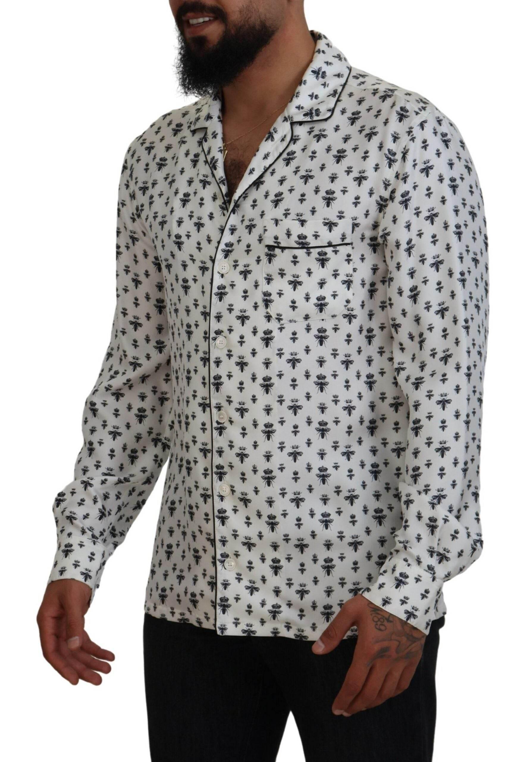 Dolce & Gabbana Elegant Silk Pajama Top with Crown Bee Print - Hilstor