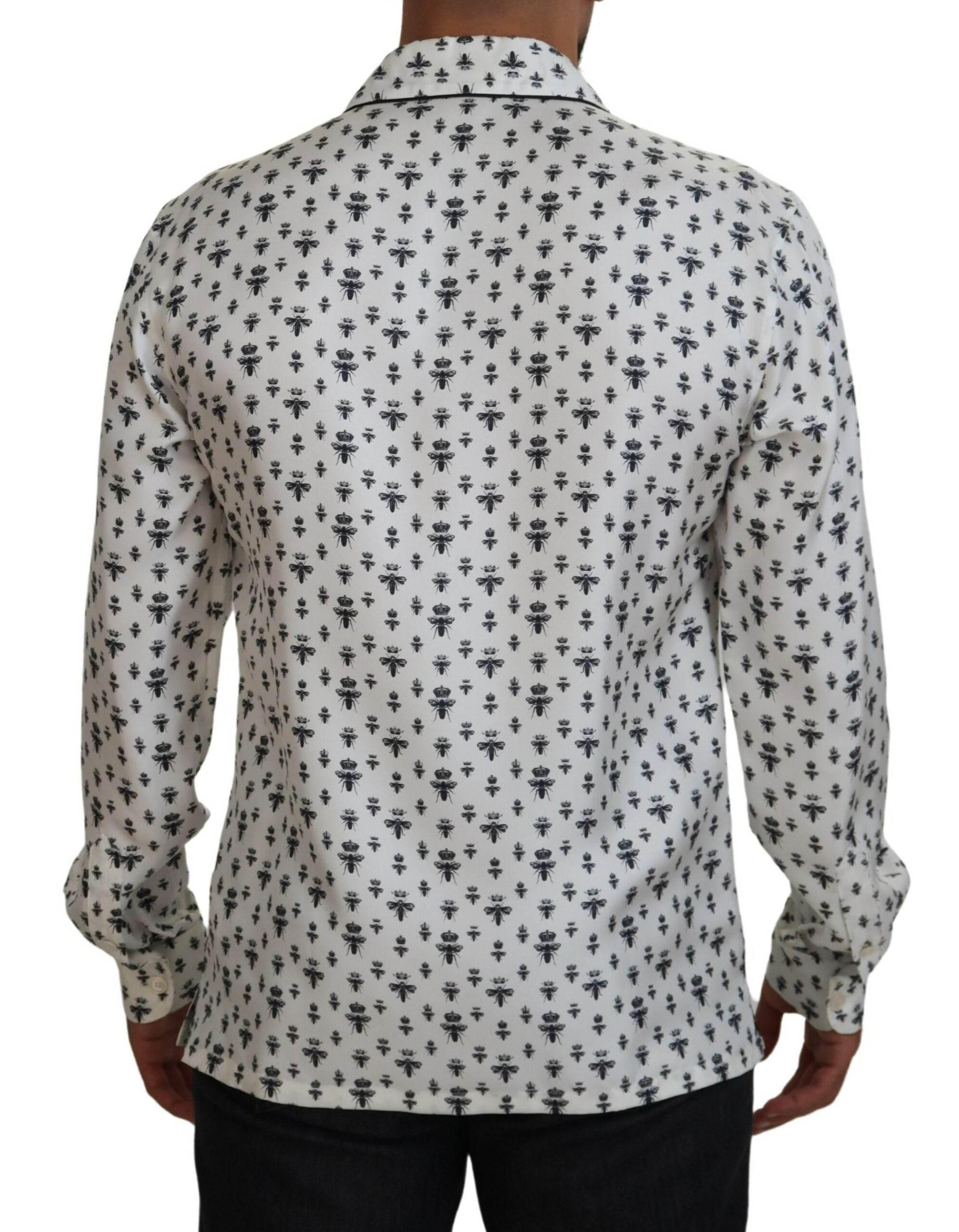 Dolce & Gabbana Elegant Silk Pajama Top with Crown Bee Print - Hilstor