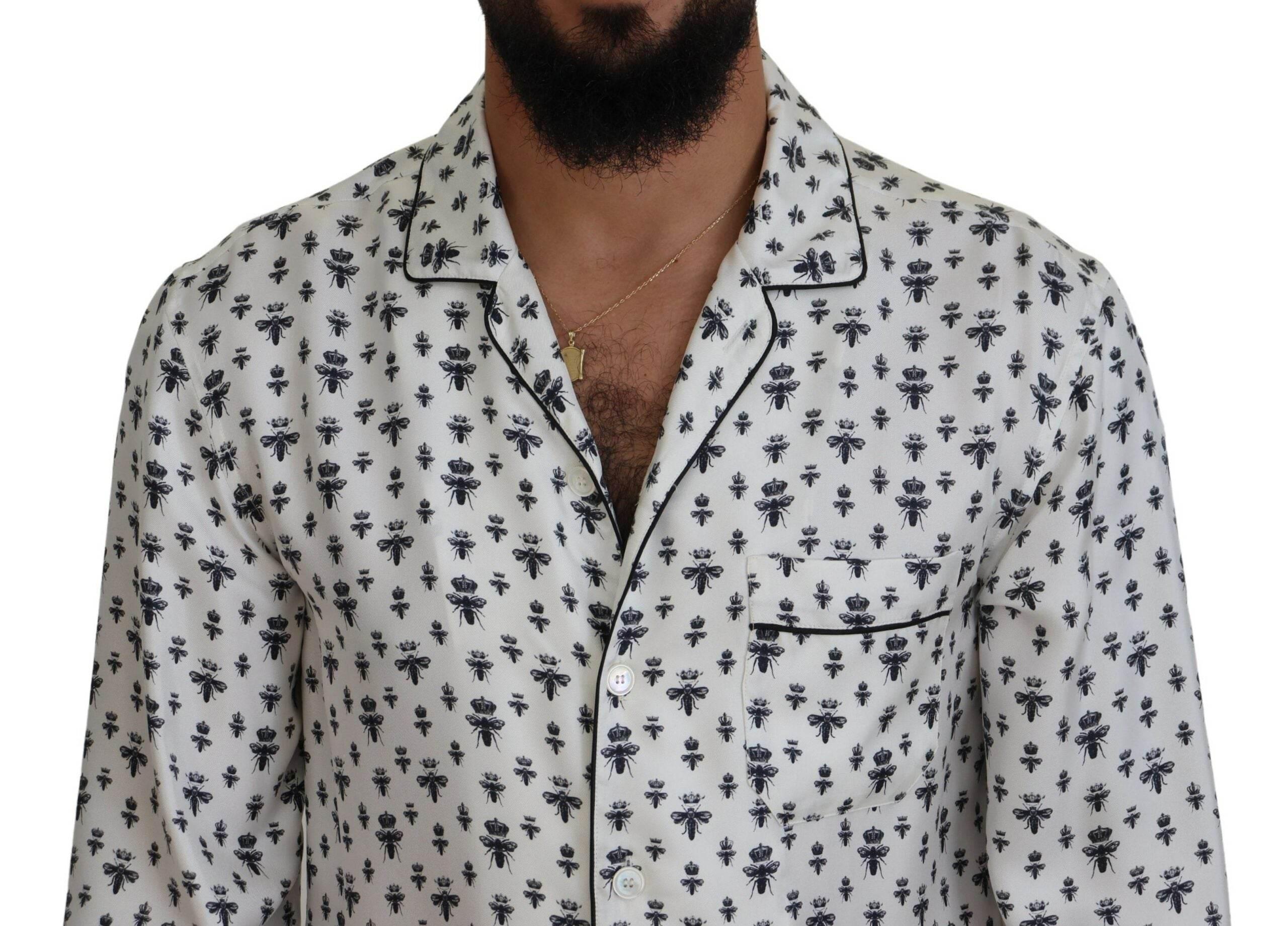 Dolce & Gabbana Elegant Silk Pajama Top with Crown Bee Print - Hilstor