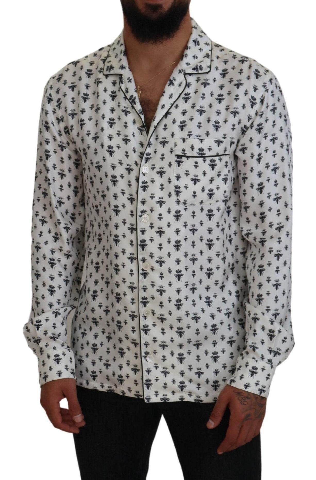 Dolce & Gabbana Elegant Silk Pajama Top with Crown Bee Print - Hilstor