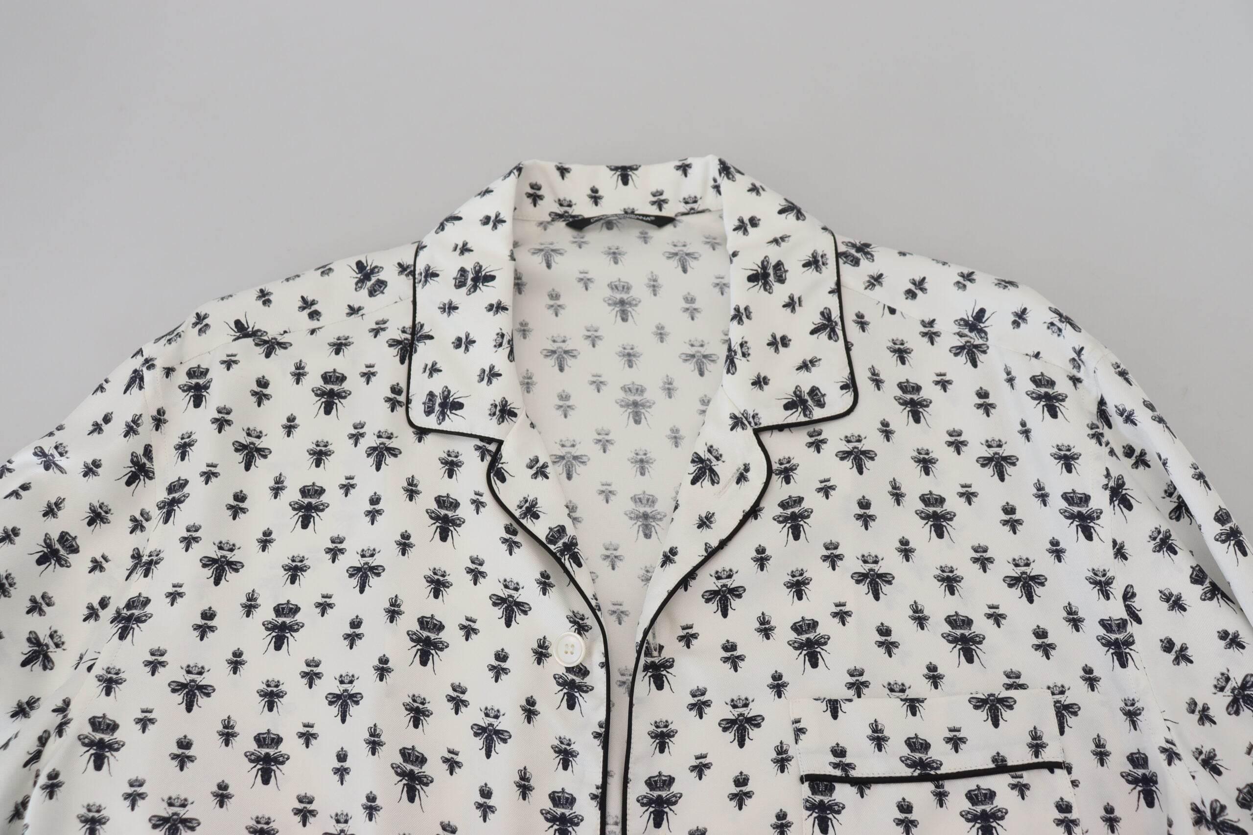 Dolce & Gabbana Elegant Silk Pajama Top with Crown Bee Print - Hilstor