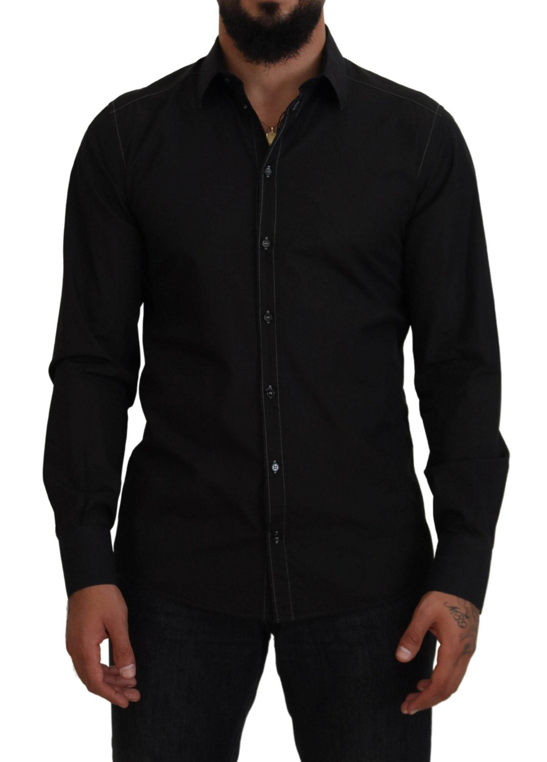 Dolce & Gabbana Black Cotton Collared Long Sleeve GOLD Shirt - Hilstor