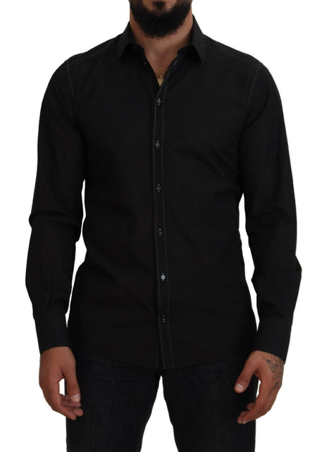Dolce & Gabbana Black Cotton Collared Long Sleeve GOLD Shirt - Hilstor