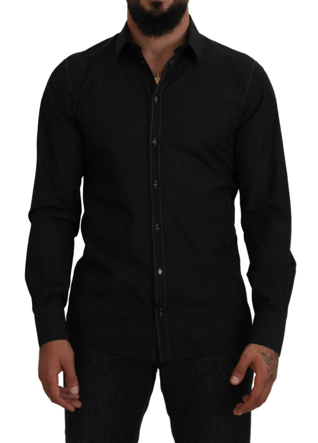 Dolce & Gabbana Black Cotton Collared Long Sleeve GOLD Shirt - Hilstor