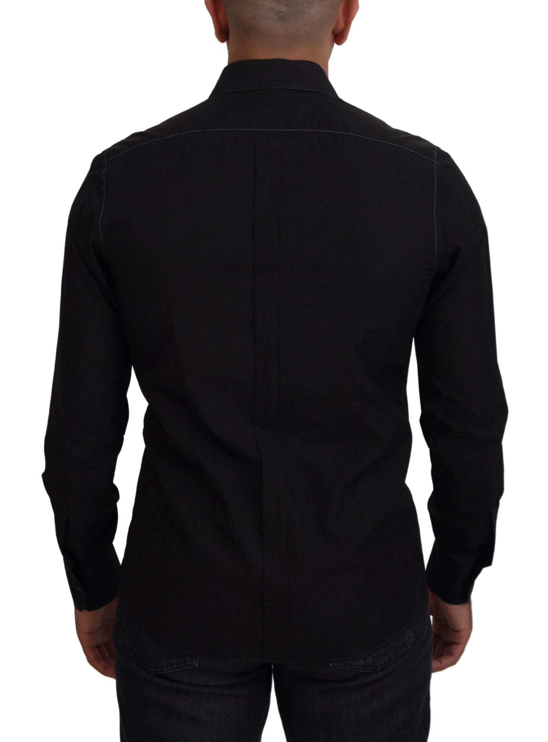 Dolce & Gabbana Black Cotton Collared Long Sleeve GOLD Shirt - Hilstor