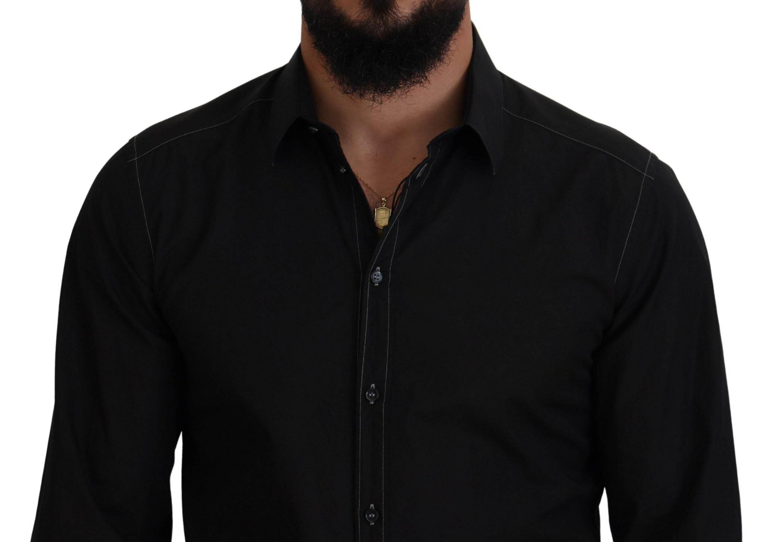 Dolce & Gabbana Black Cotton Collared Long Sleeve GOLD Shirt - Hilstor