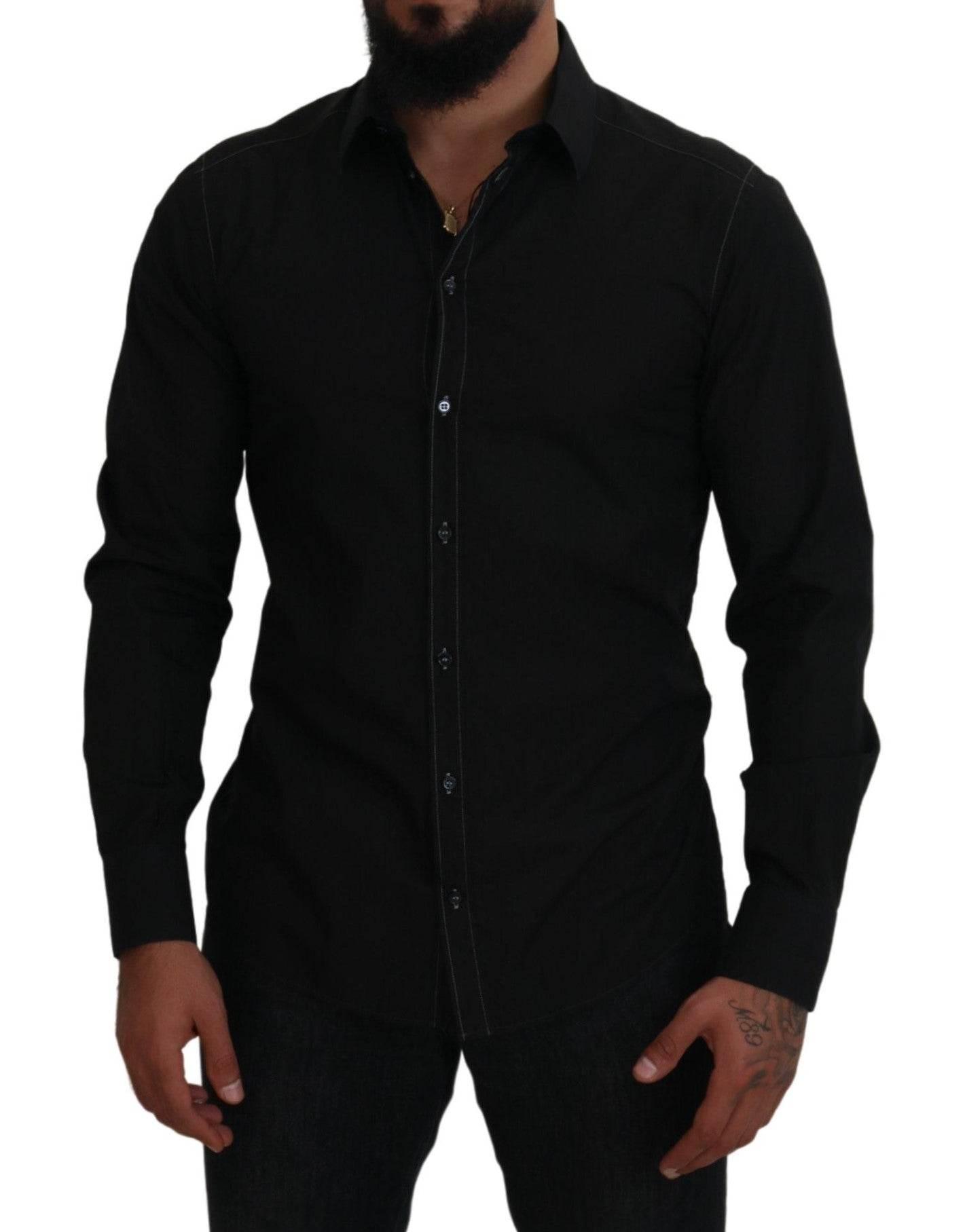 Dolce & Gabbana Black Cotton Collared Long Sleeve GOLD Shirt - Hilstor