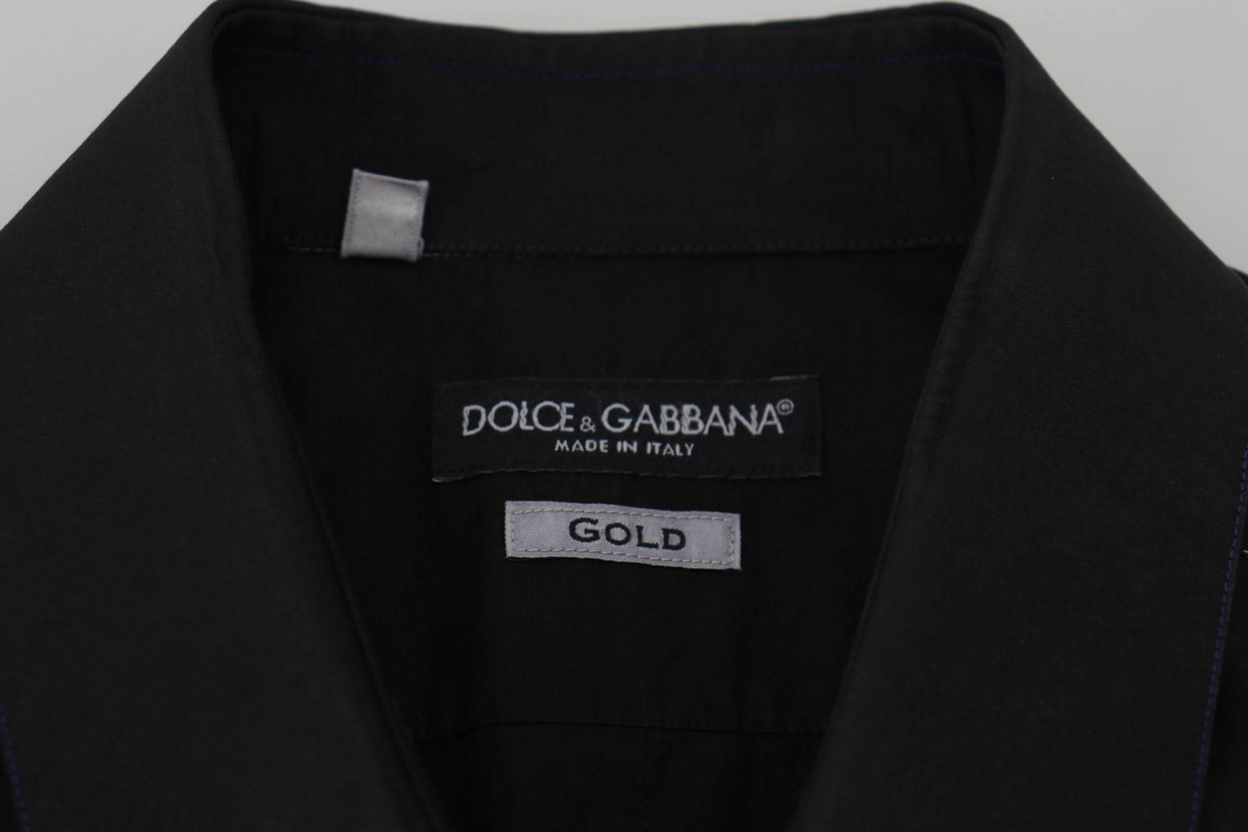 Dolce & Gabbana Black Cotton Collared Long Sleeve GOLD Shirt - Hilstor