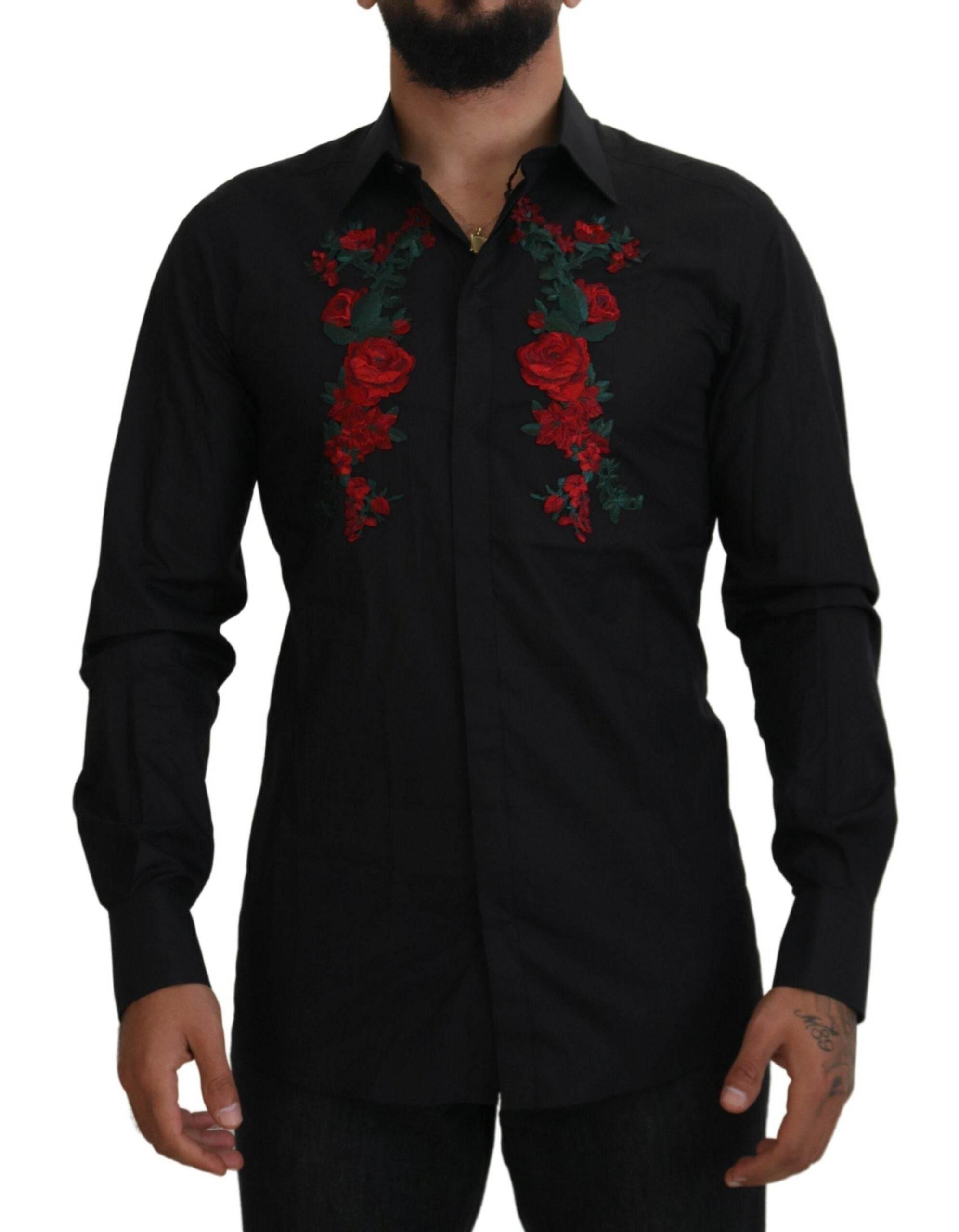 Dolce & Gabbana Black Floral Embroidery Men Long Sleeves GOLD Shirt - Hilstor