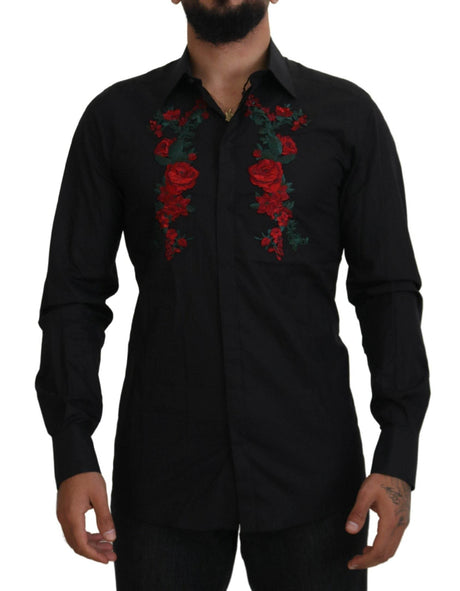 Dolce & Gabbana Black Floral Embroidery Men Long Sleeves GOLD Shirt - Hilstor