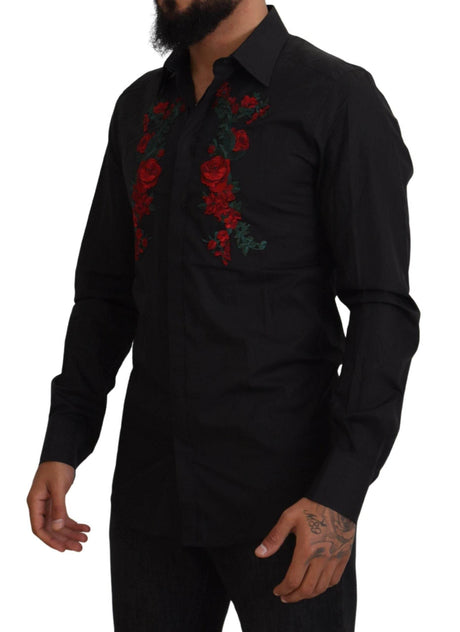 Dolce & Gabbana Black Floral Embroidery Men Long Sleeves GOLD Shirt - Hilstor