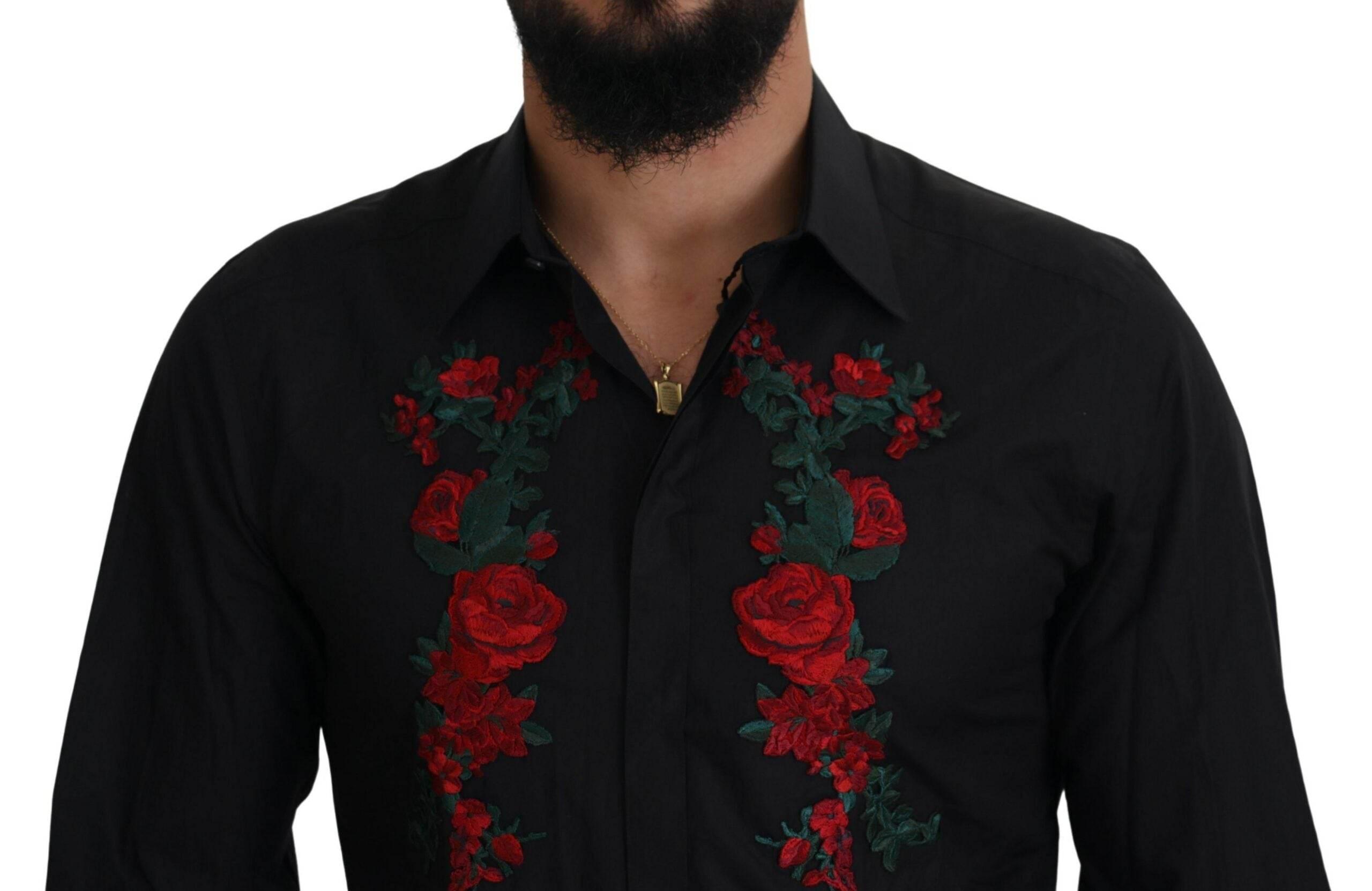 Dolce & Gabbana Black Floral Embroidery Men Long Sleeves GOLD Shirt - Hilstor