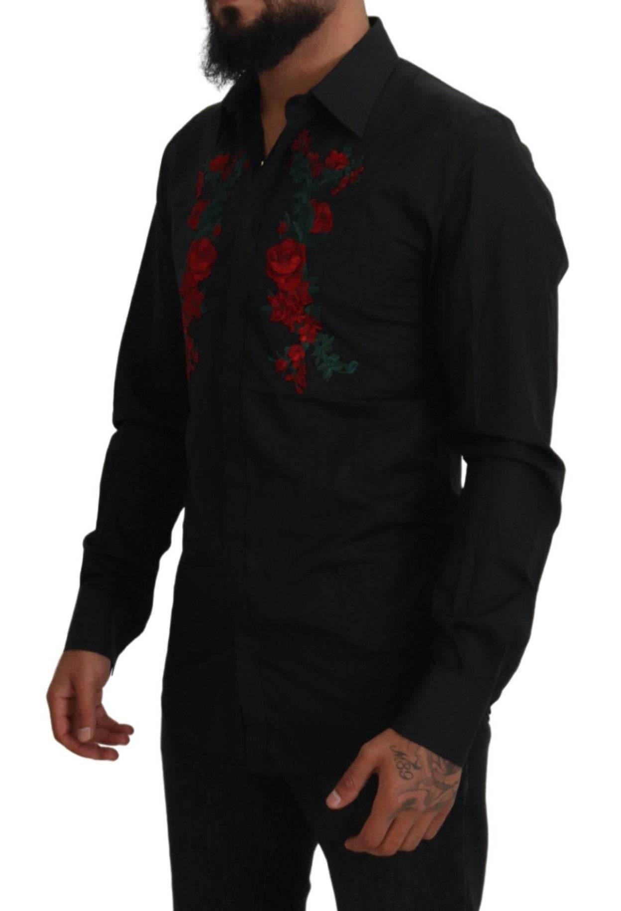Dolce & Gabbana Black Floral Embroidery Men Long Sleeves GOLD Shirt - Hilstor