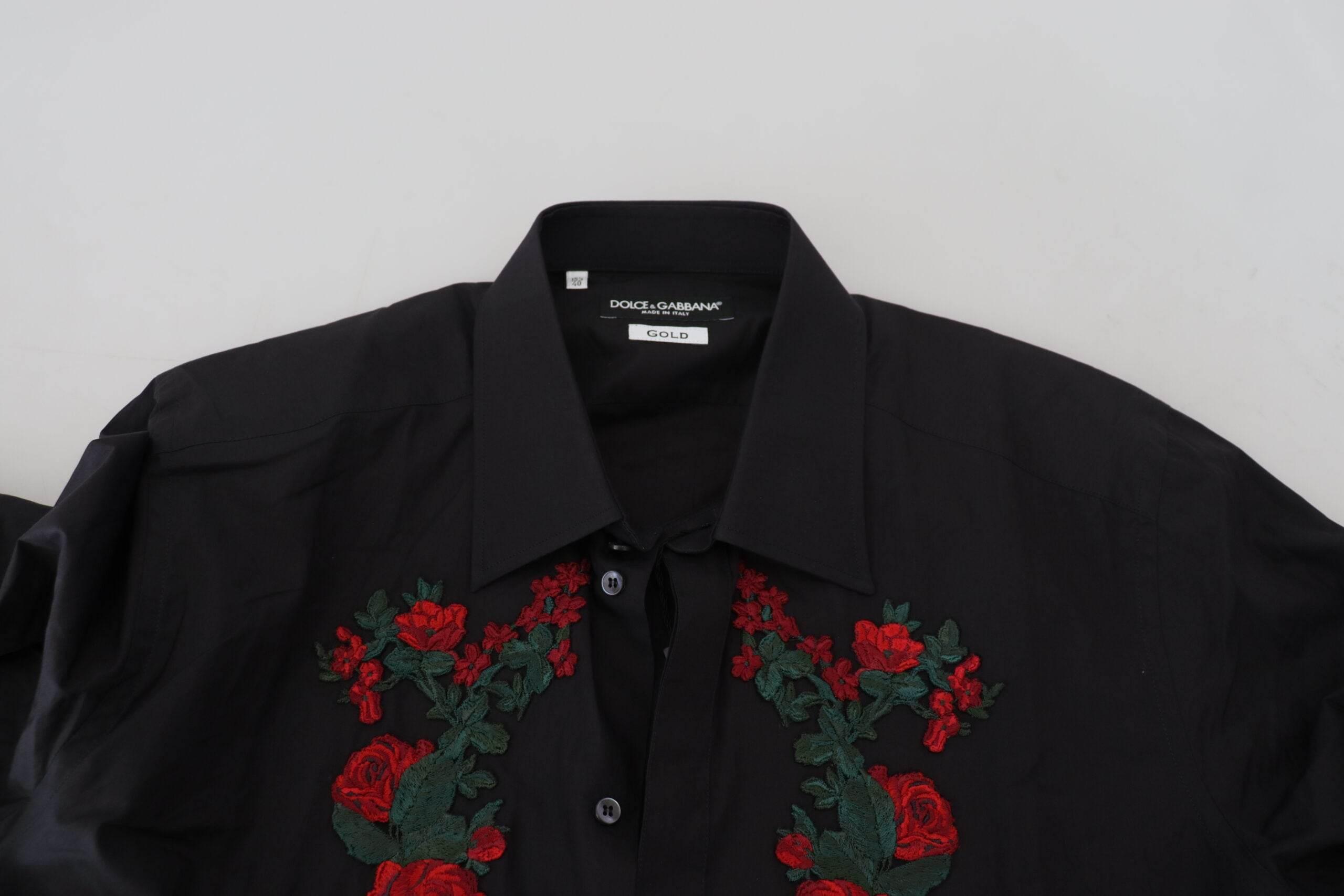 Dolce & Gabbana Black Floral Embroidery Men Long Sleeves GOLD Shirt - Hilstor
