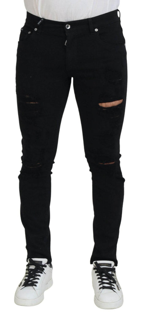 Dolce & Gabbana Black Slim Fit Tattered Denim Cotton Jeans - Hilstor