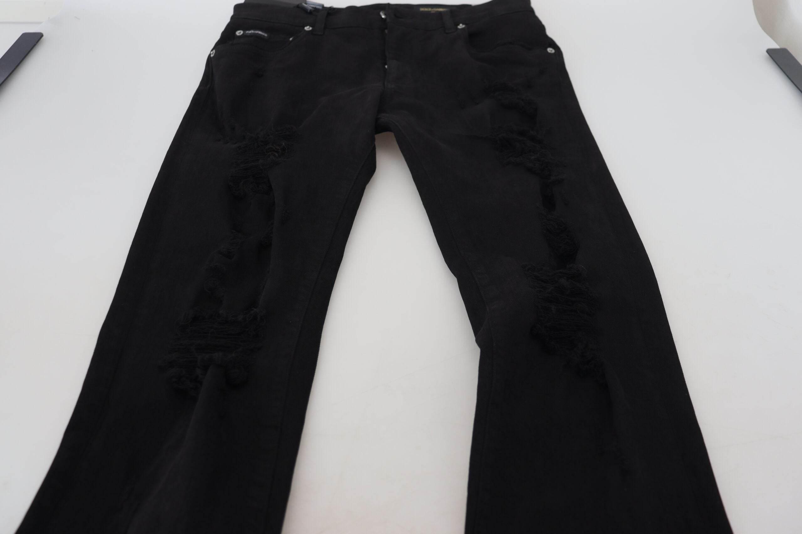 Dolce & Gabbana Black Slim Fit Tattered Denim Cotton Jeans - Hilstor