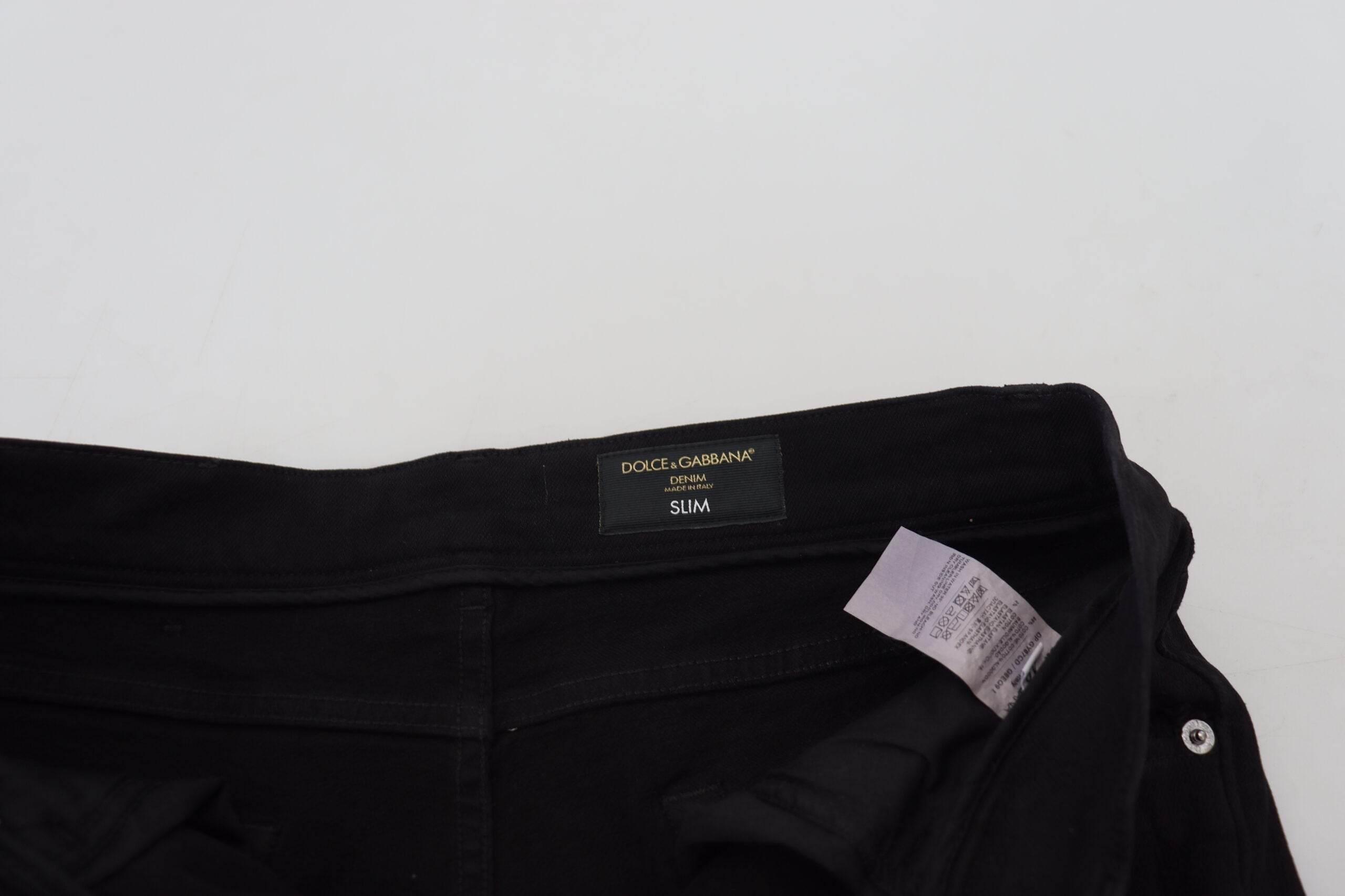 Dolce & Gabbana Black Slim Fit Tattered Denim Cotton Jeans - Hilstor