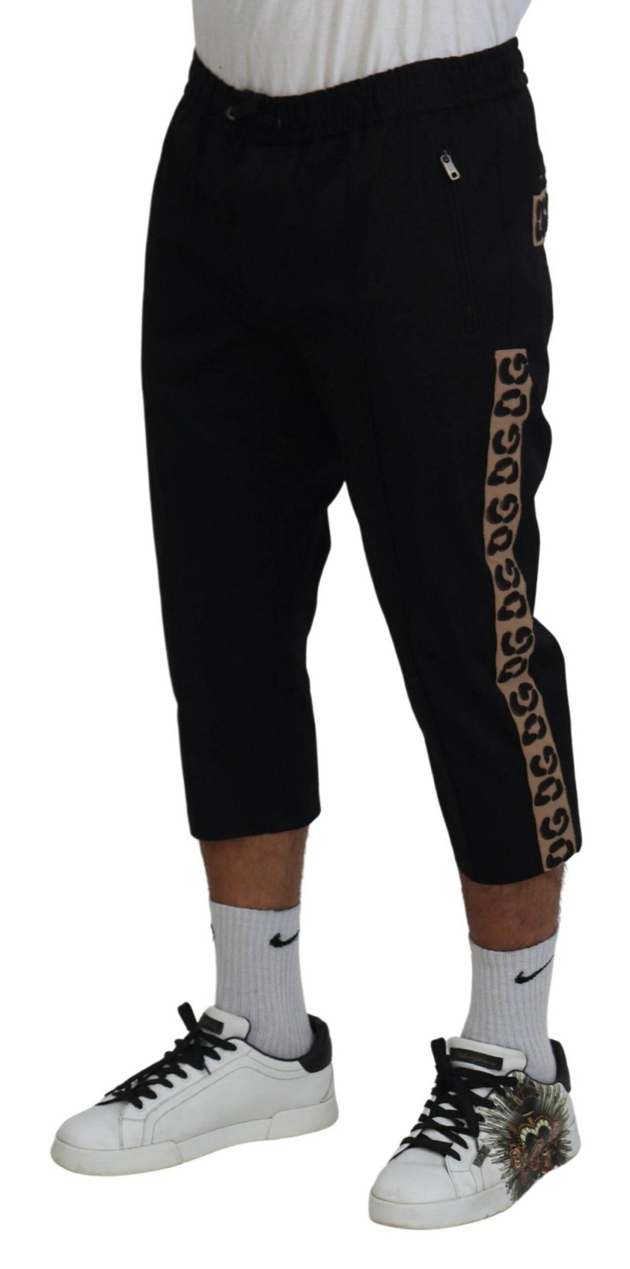Dolce & Gabbana Black Cotton Elastic Waist DG Logo Cropped Pants - Hilstor