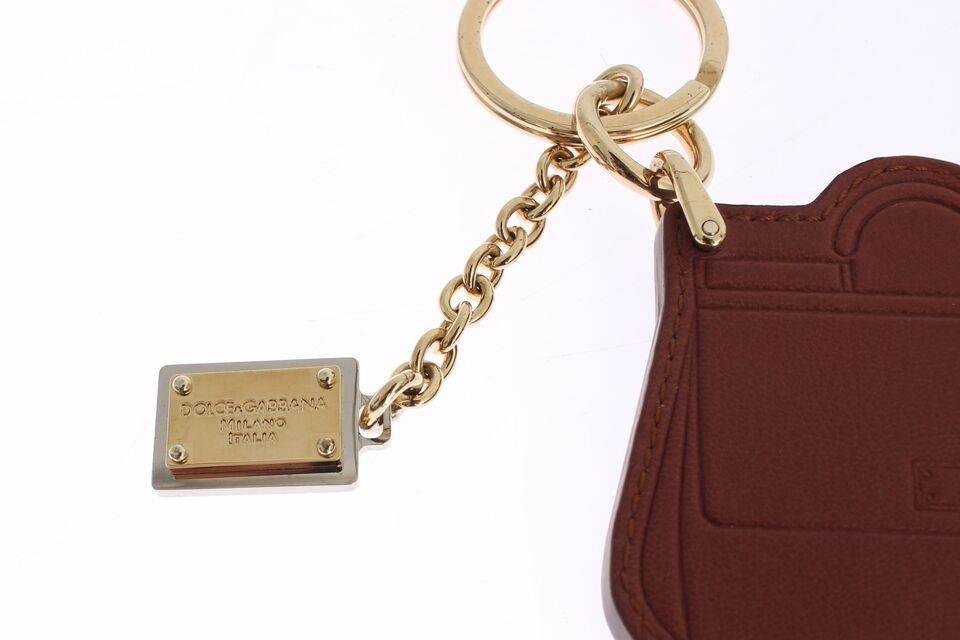 Dolce & Gabbana Elegant Brown Leather Keychain with Gold Detailing - Hilstor