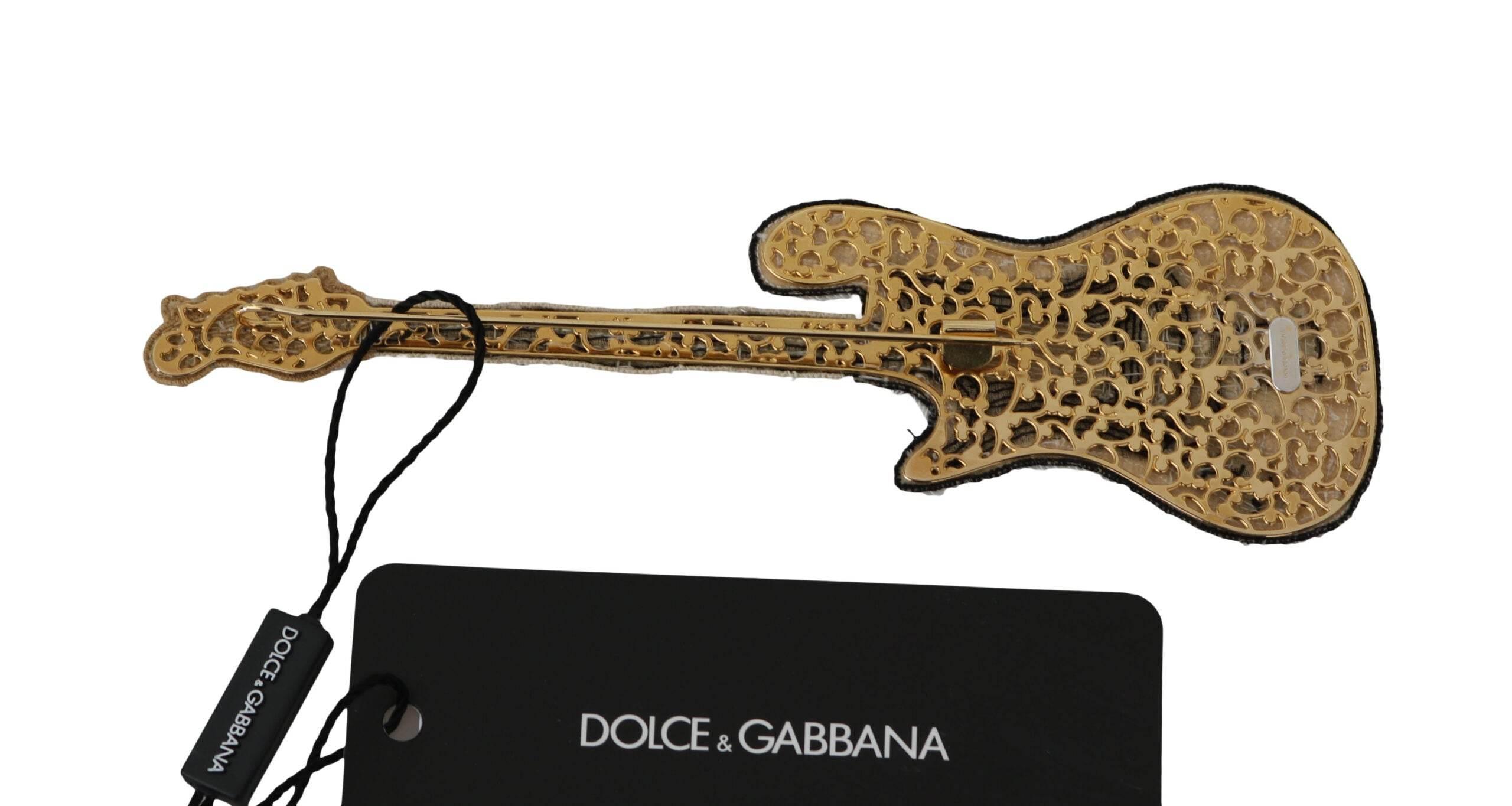 Dolce & Gabbana Gold Sequined Guitar Pin Brooch - Hilstor