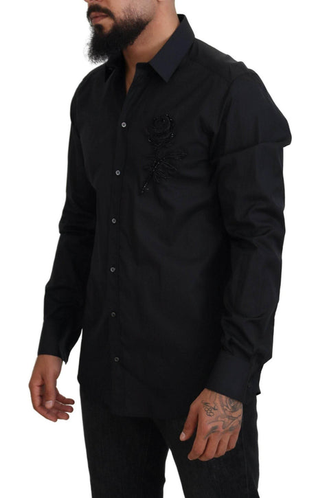 Dolce & Gabbana Black Roses Slim Fit Cotton Shirt - Hilstor