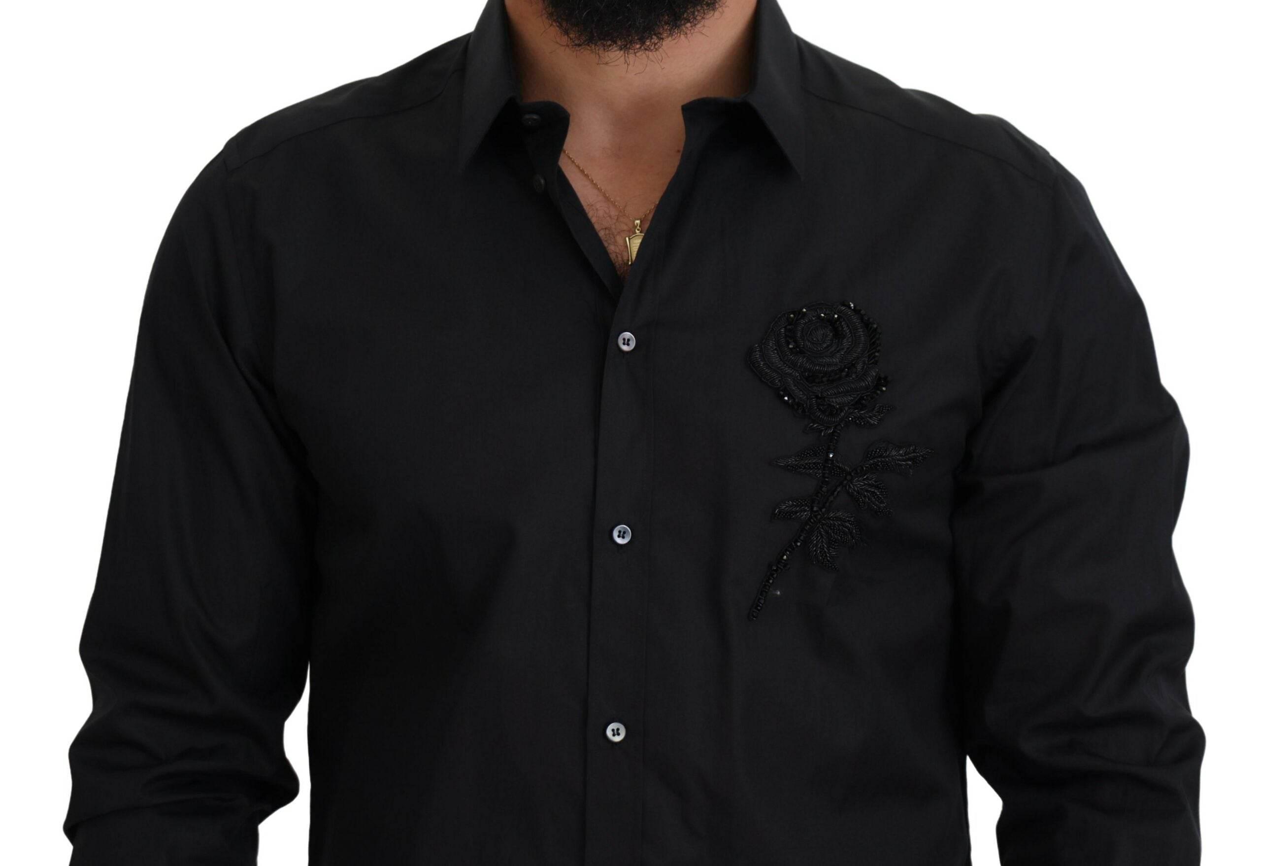 Dolce & Gabbana Black Roses Slim Fit Cotton Shirt - Hilstor