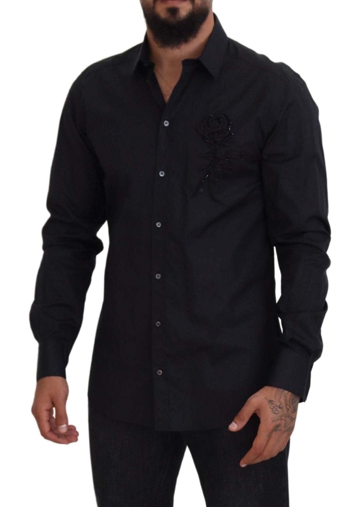Dolce & Gabbana Black Roses Slim Fit Cotton Shirt - Hilstor