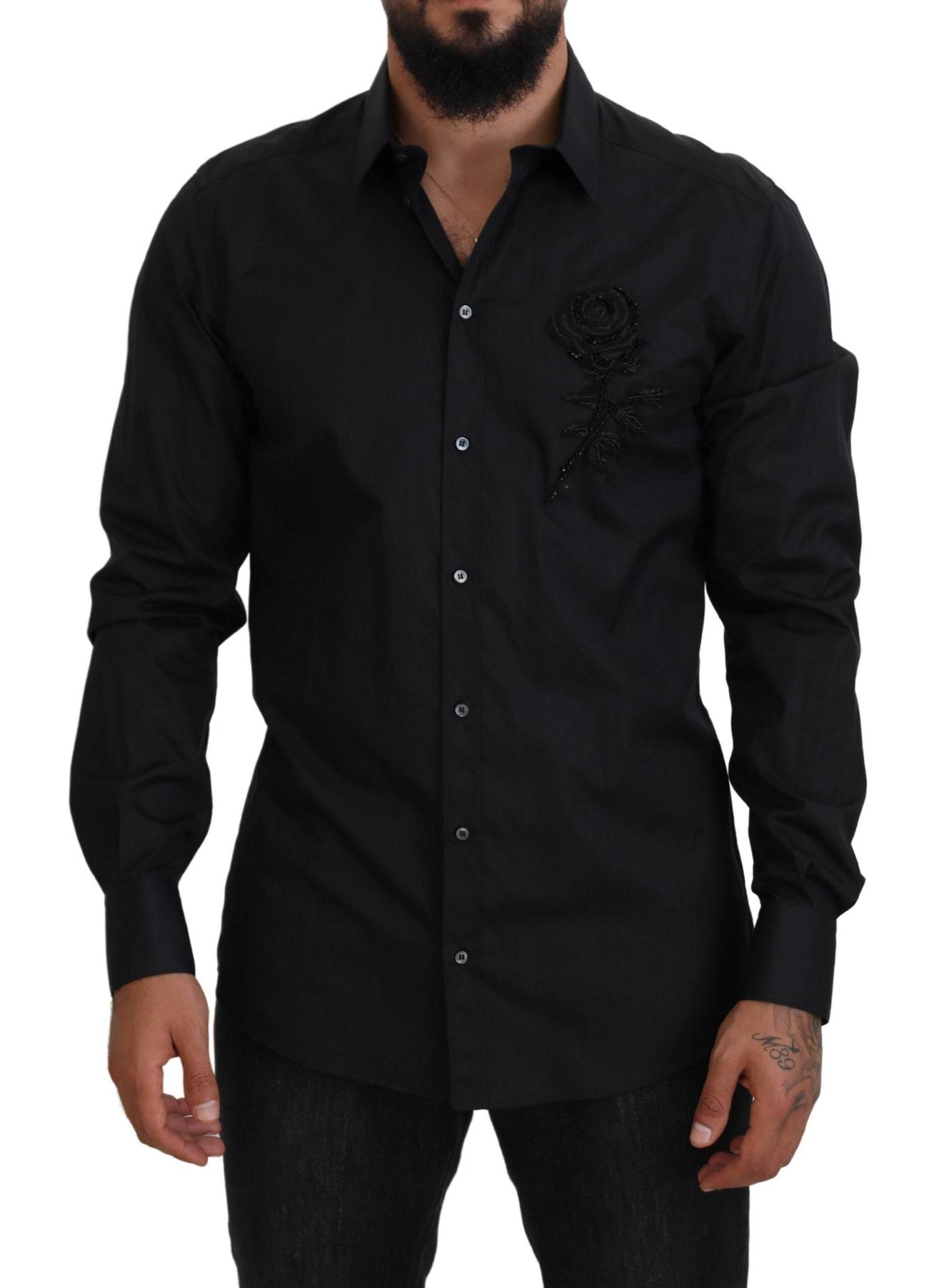 Dolce & Gabbana Black Roses Slim Fit Cotton Shirt - Hilstor